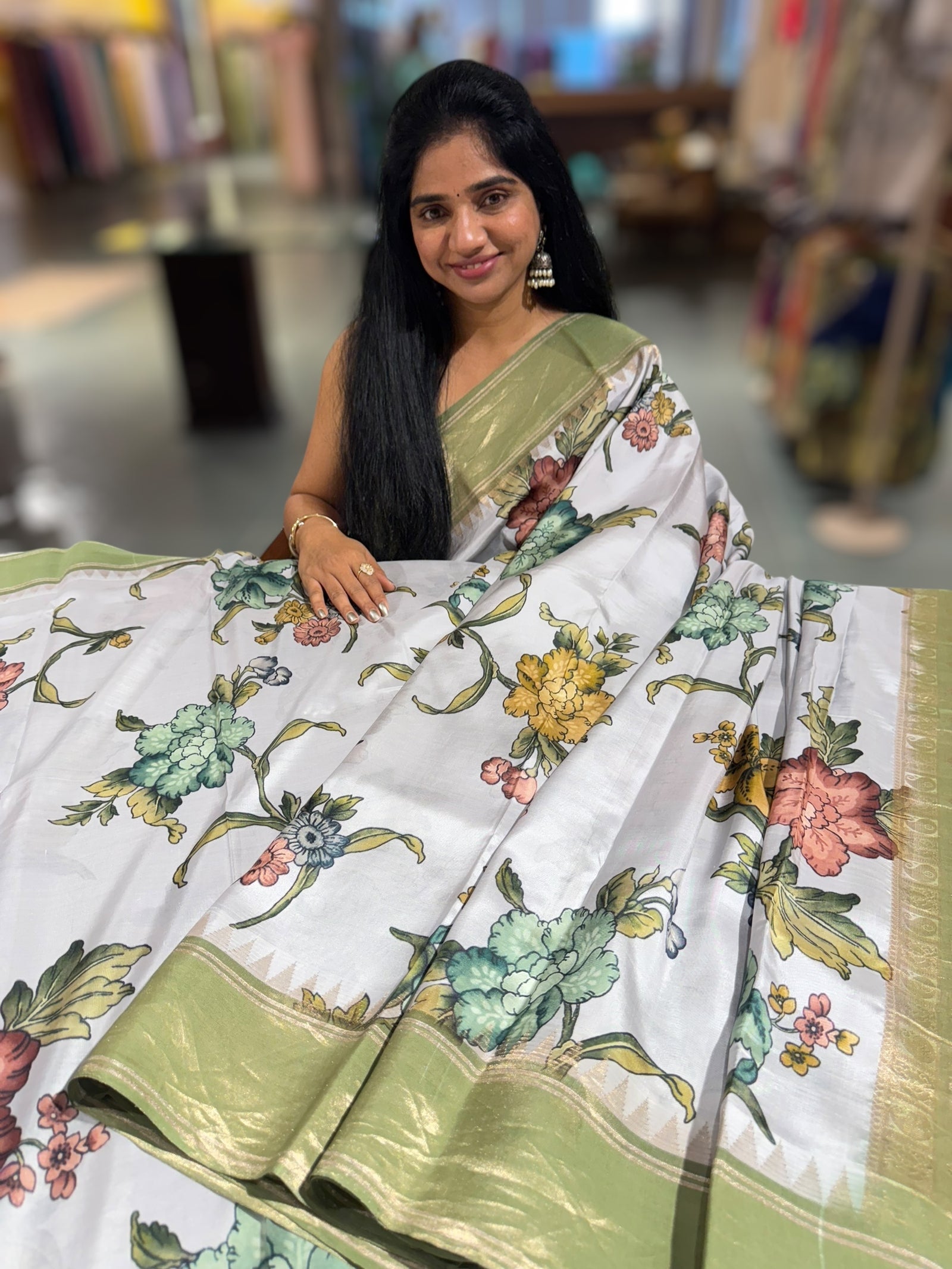 Silverish-Grey Kanjeevaram Designer print saree