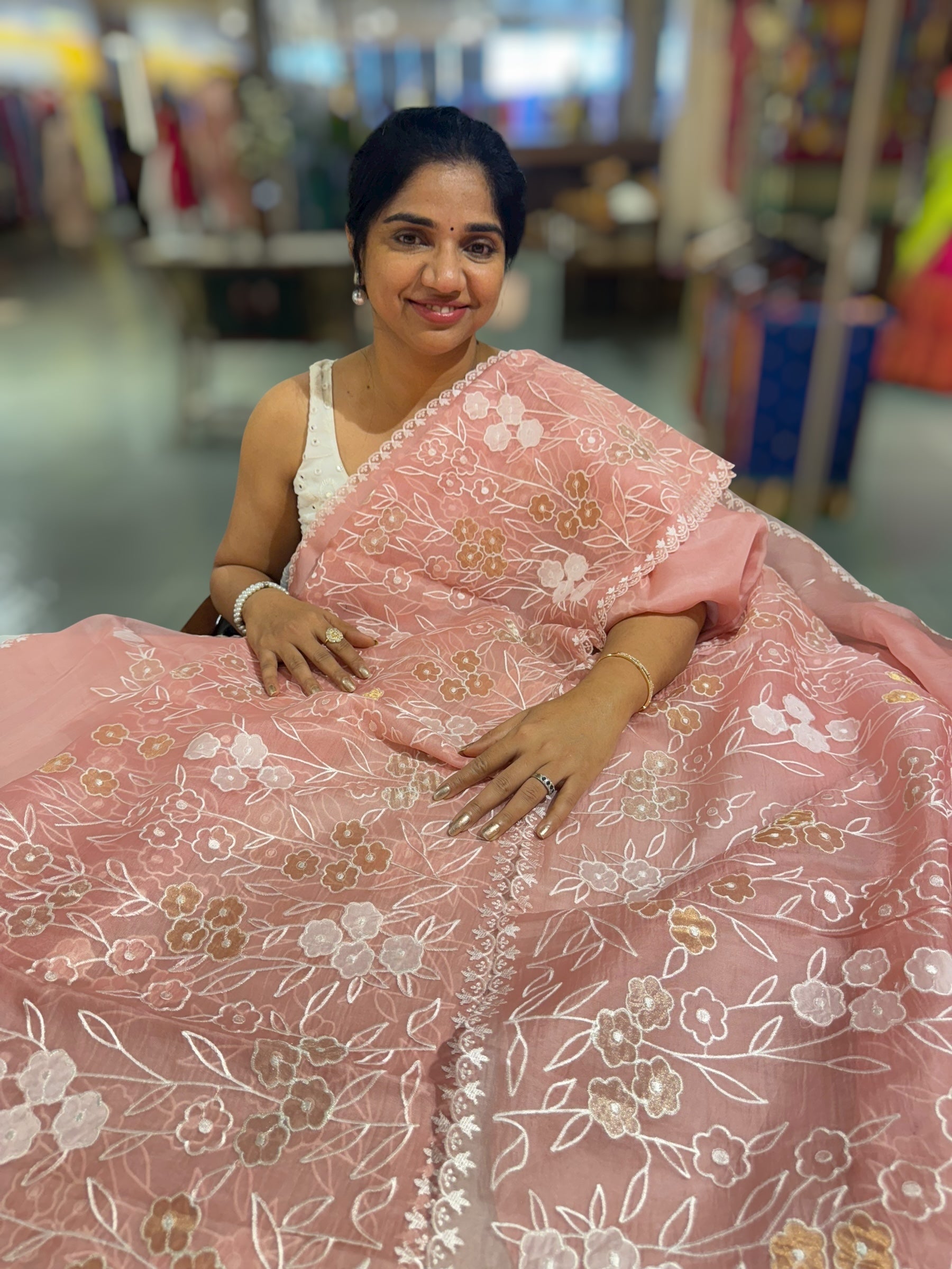 Peach Pink Organza Saree With Tissue Applique Work