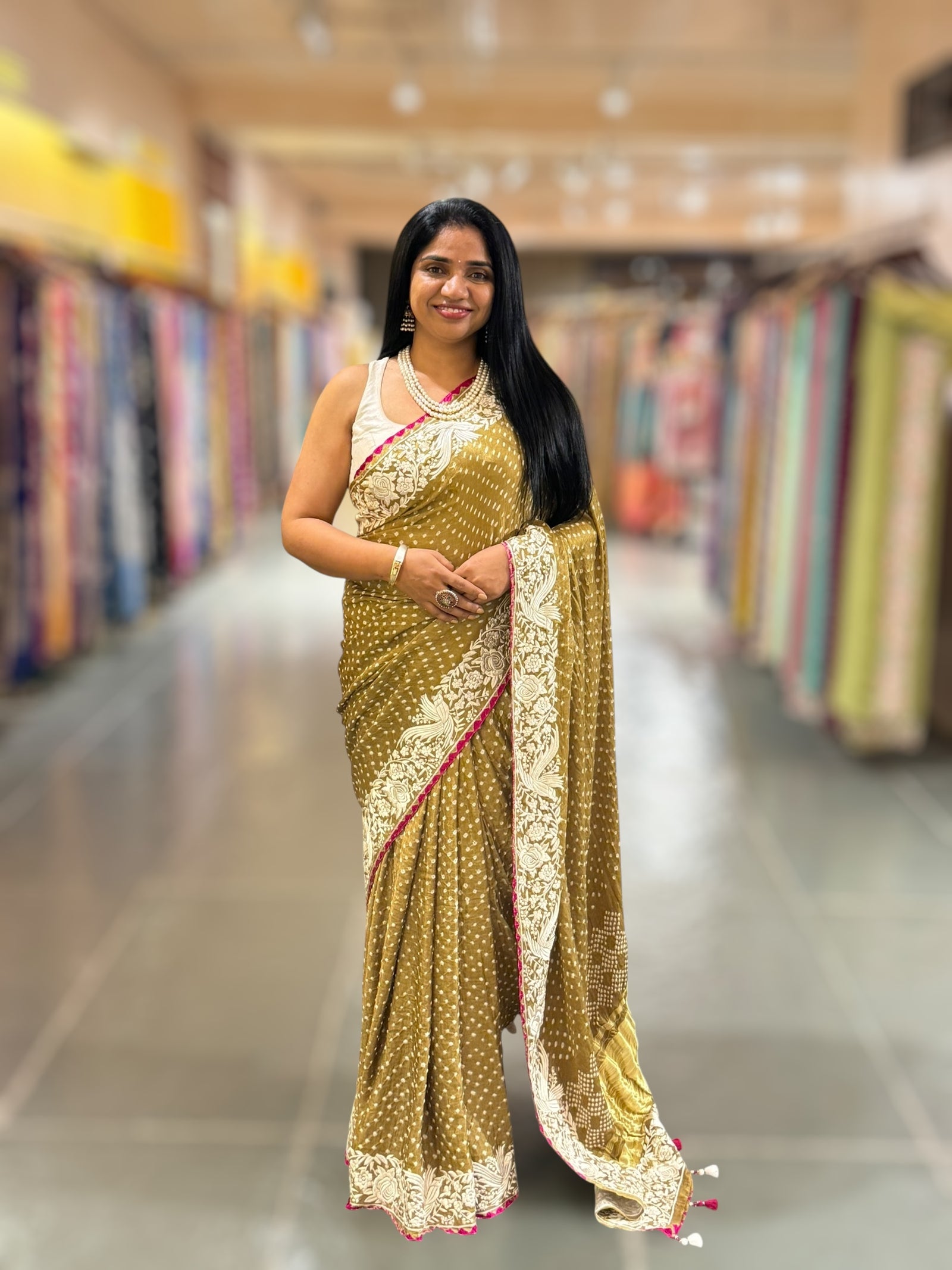 Mehendi Green Pure Gajji Silk Bandhej Saree With Parsi Gara Embroidered Border.