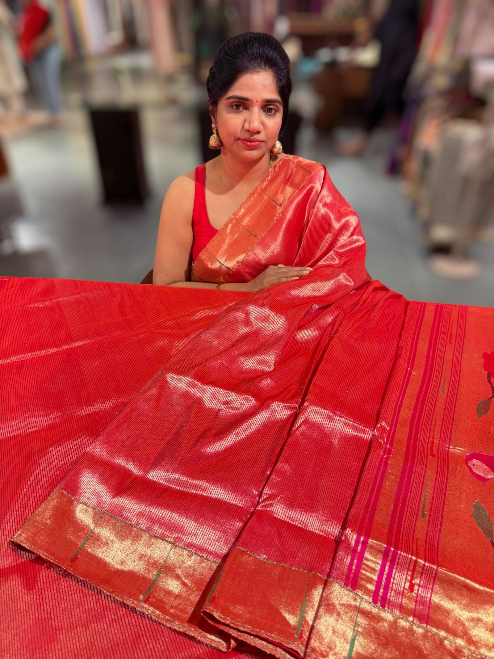 Rani Pink Pure handloom paithani tissue stripes saree