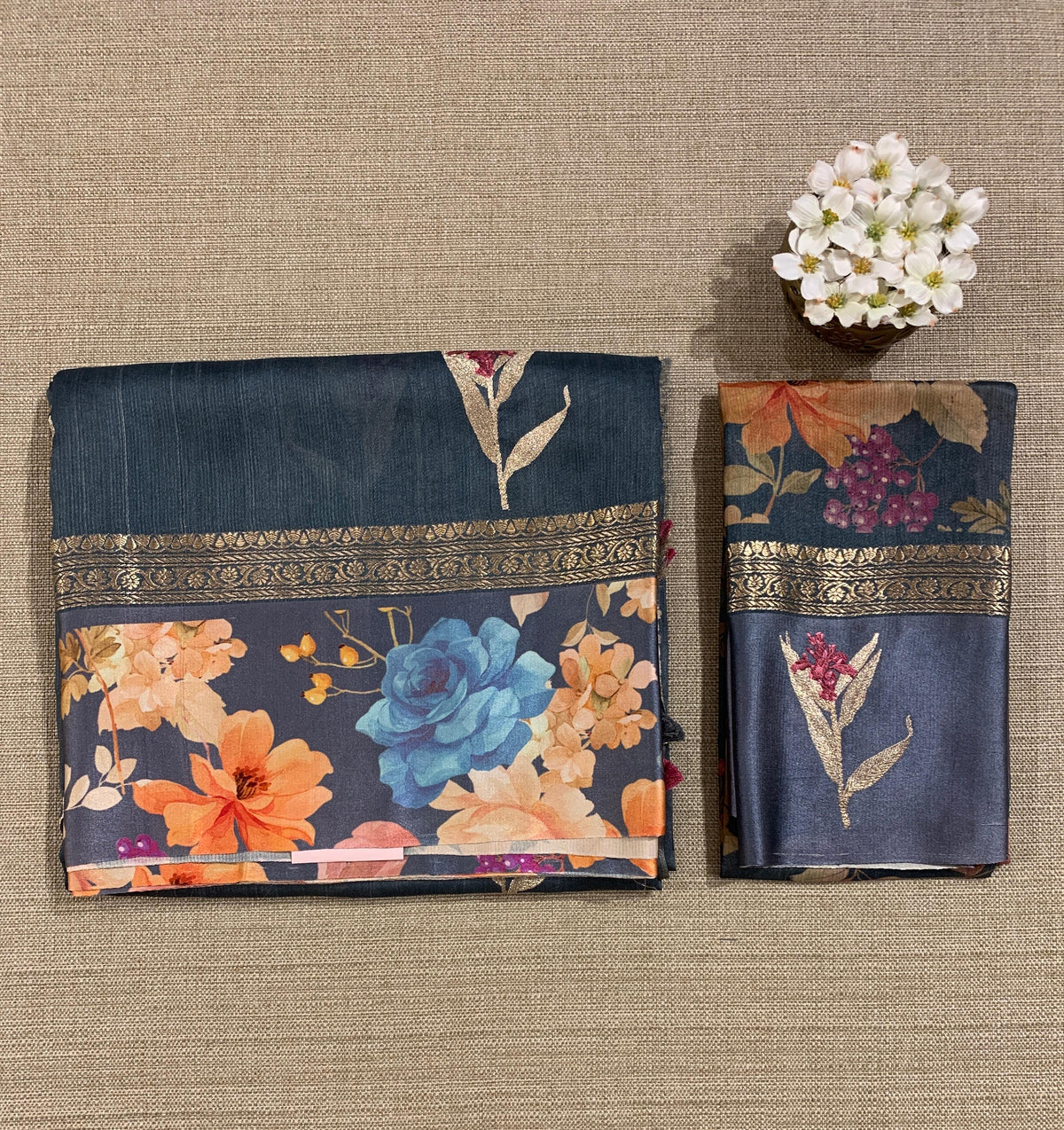 Elephant Grey Tussar Dhupion Saree with Floral printed mashru borders