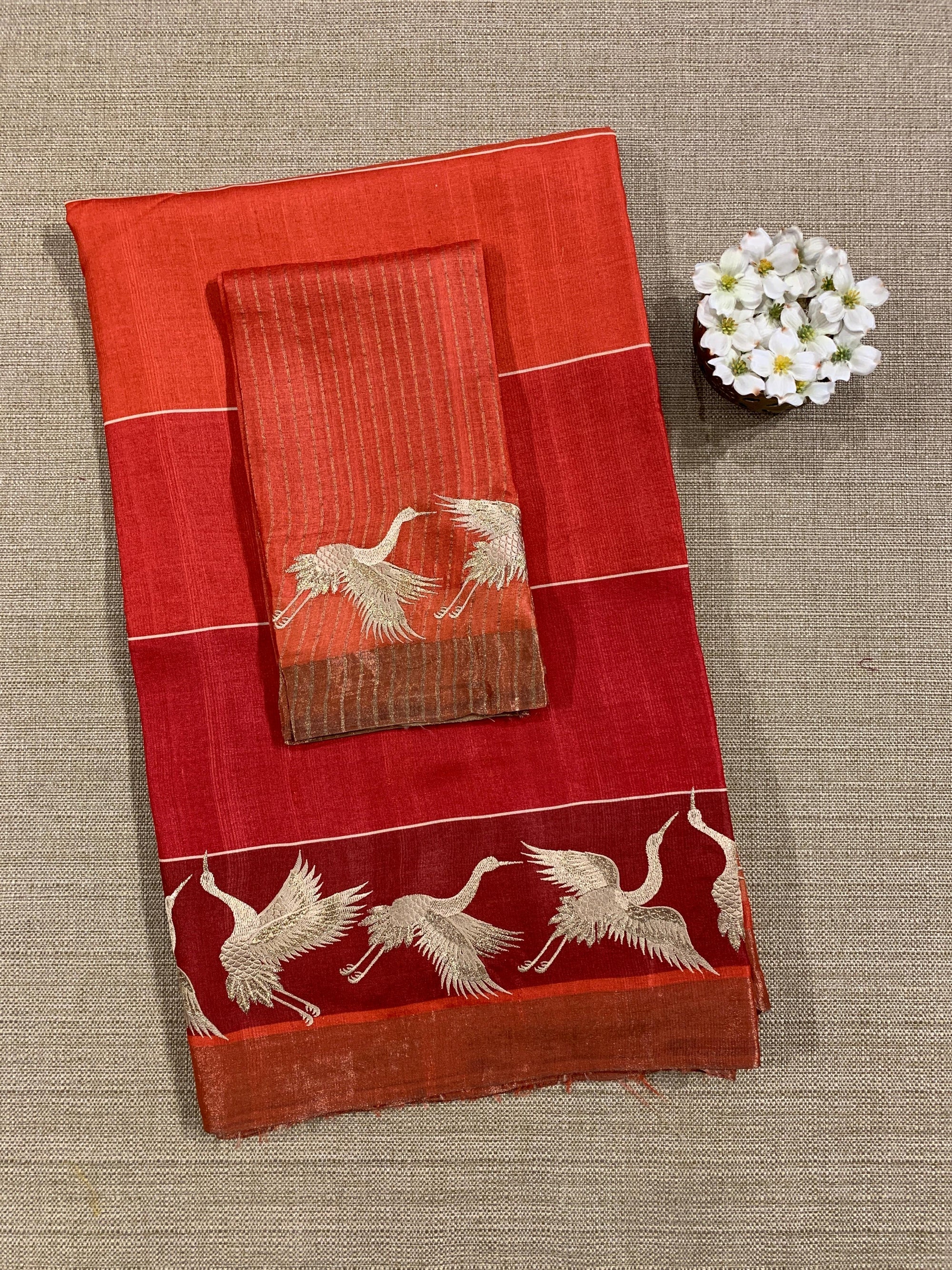 Tussar Rangkaat Saree With Crane Bird  Embroidered Border