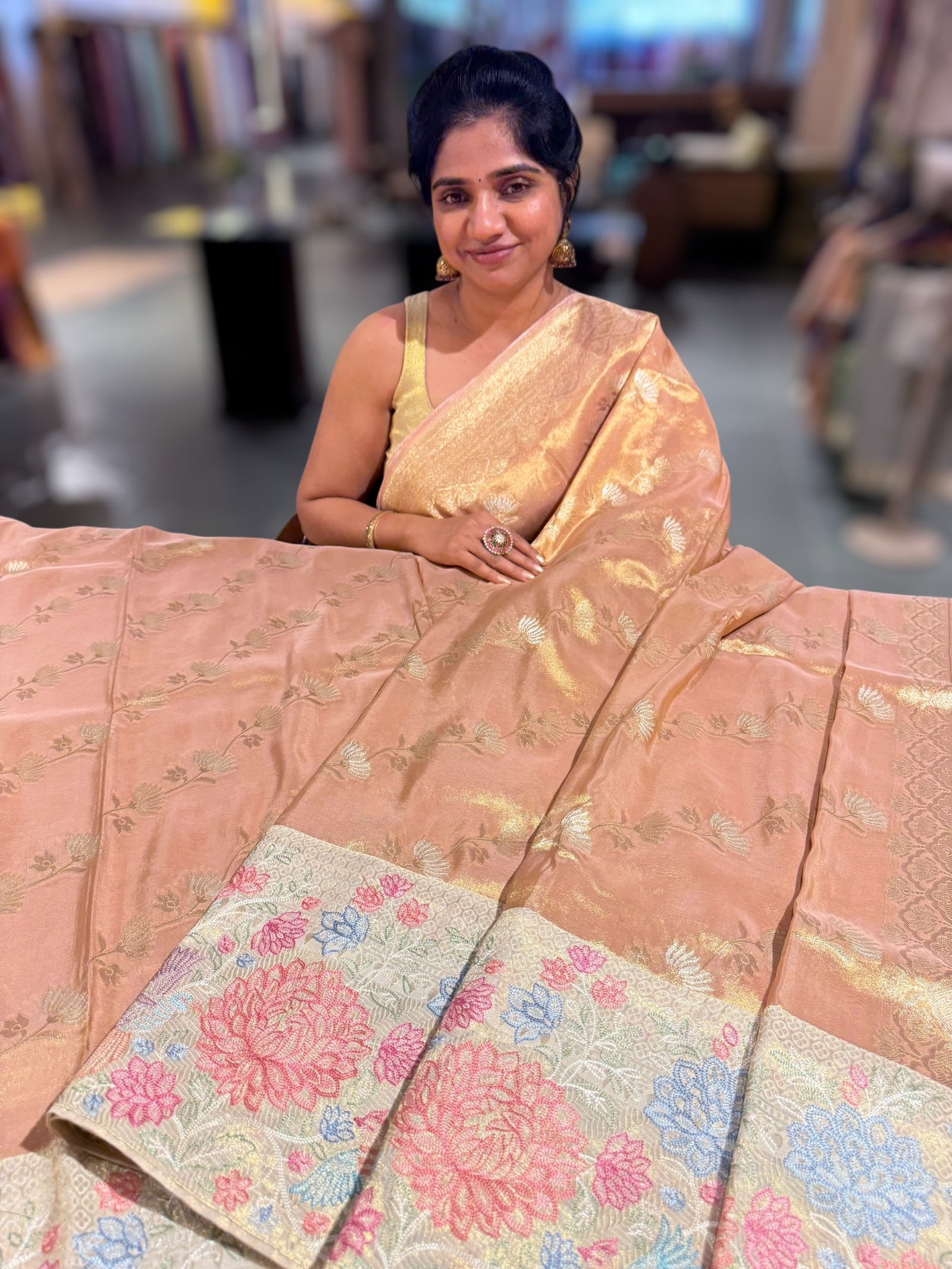 Peach Banarasi Tissue with embroidered border