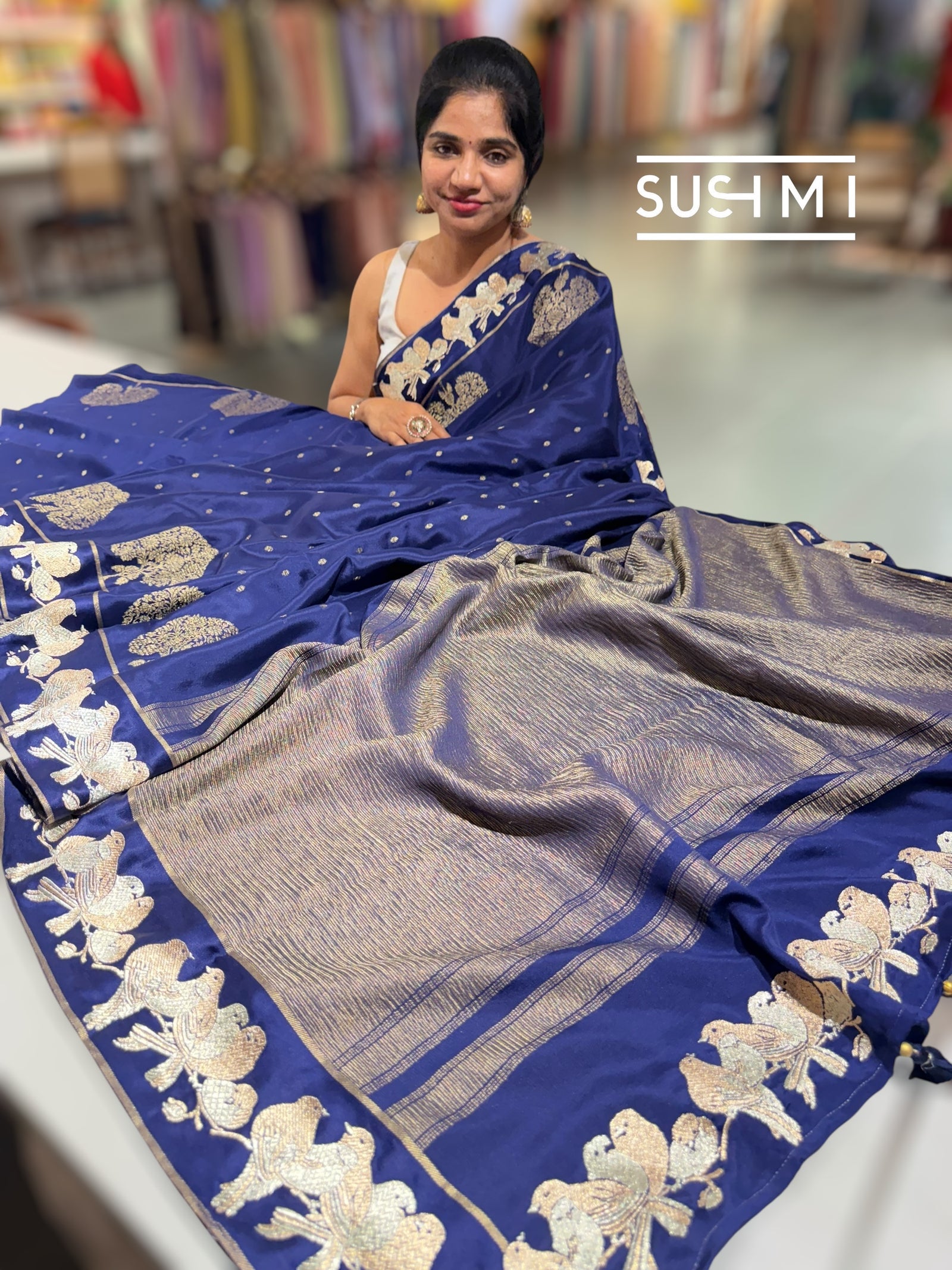 Blue Mysore silk saree with woven motif and embroidered border : D62129