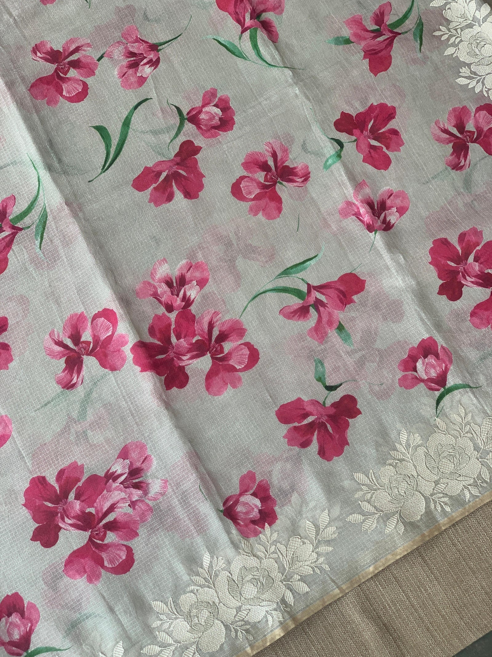 Dusty Grey Designer printed Silk kota saree with floral embroidered border