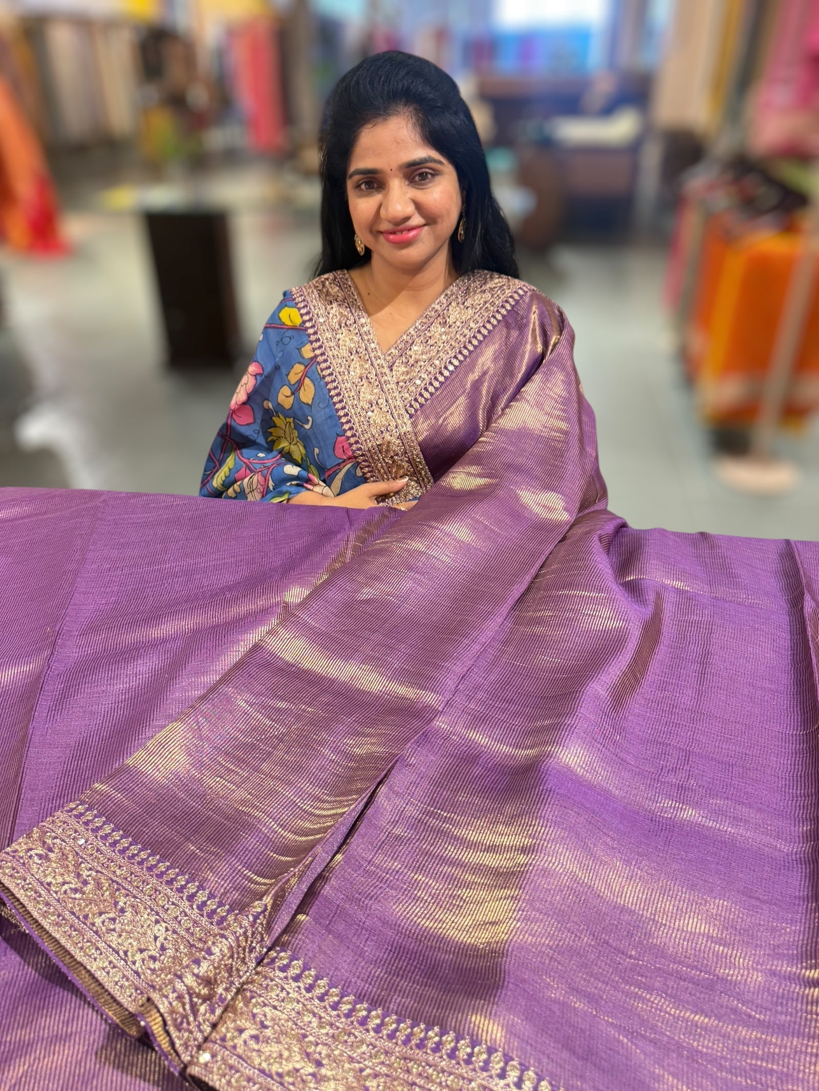 Purple kora Muslin Tissue fusion saree