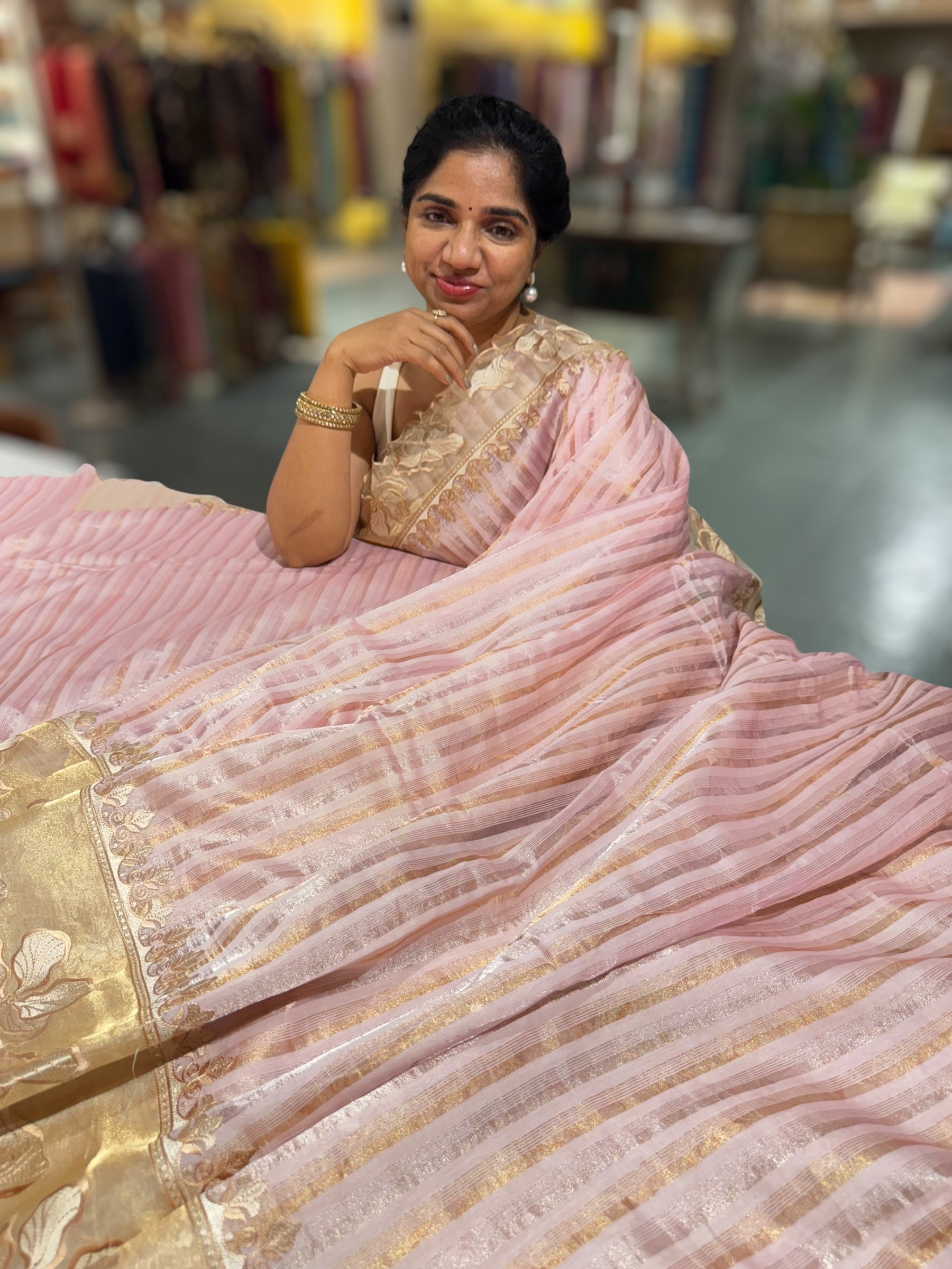 Pastel Pink Mul Tissue Stripes Saree With Tissue Cutwork  Border & Blouse
