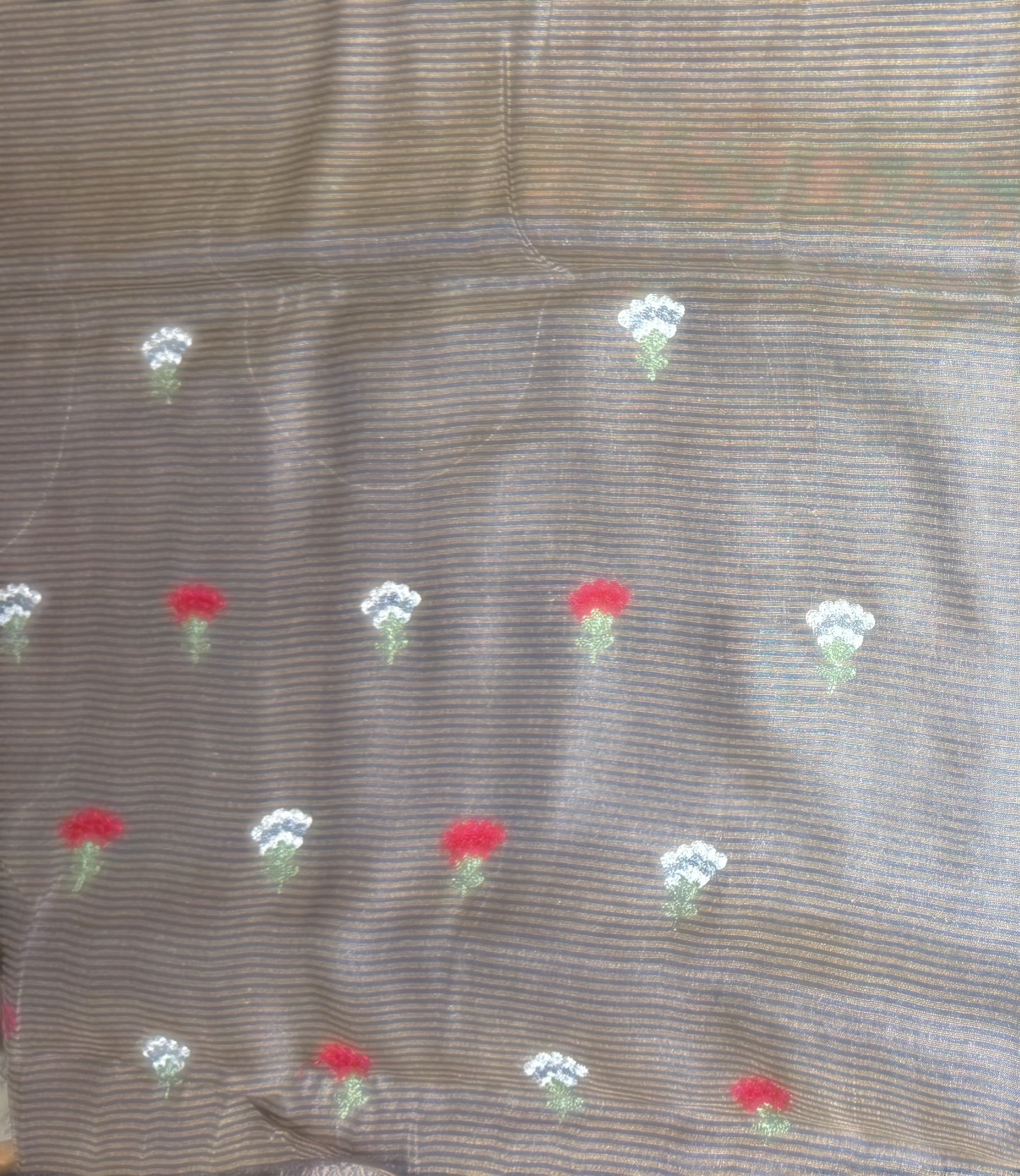 Navy Tussar Brocade Saree With Statement Red Rose Embroidery.