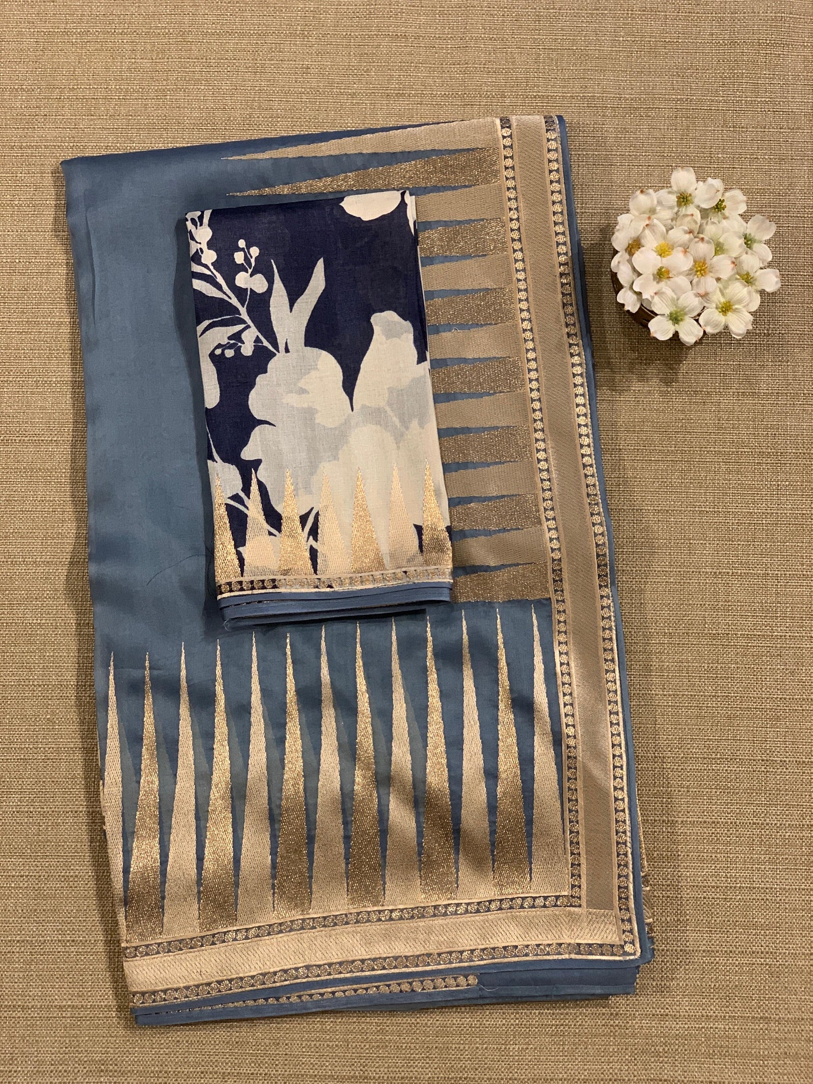 Greysih Blue Pure Organza With Temple Embroidered Border & Tussar Printed Blouse