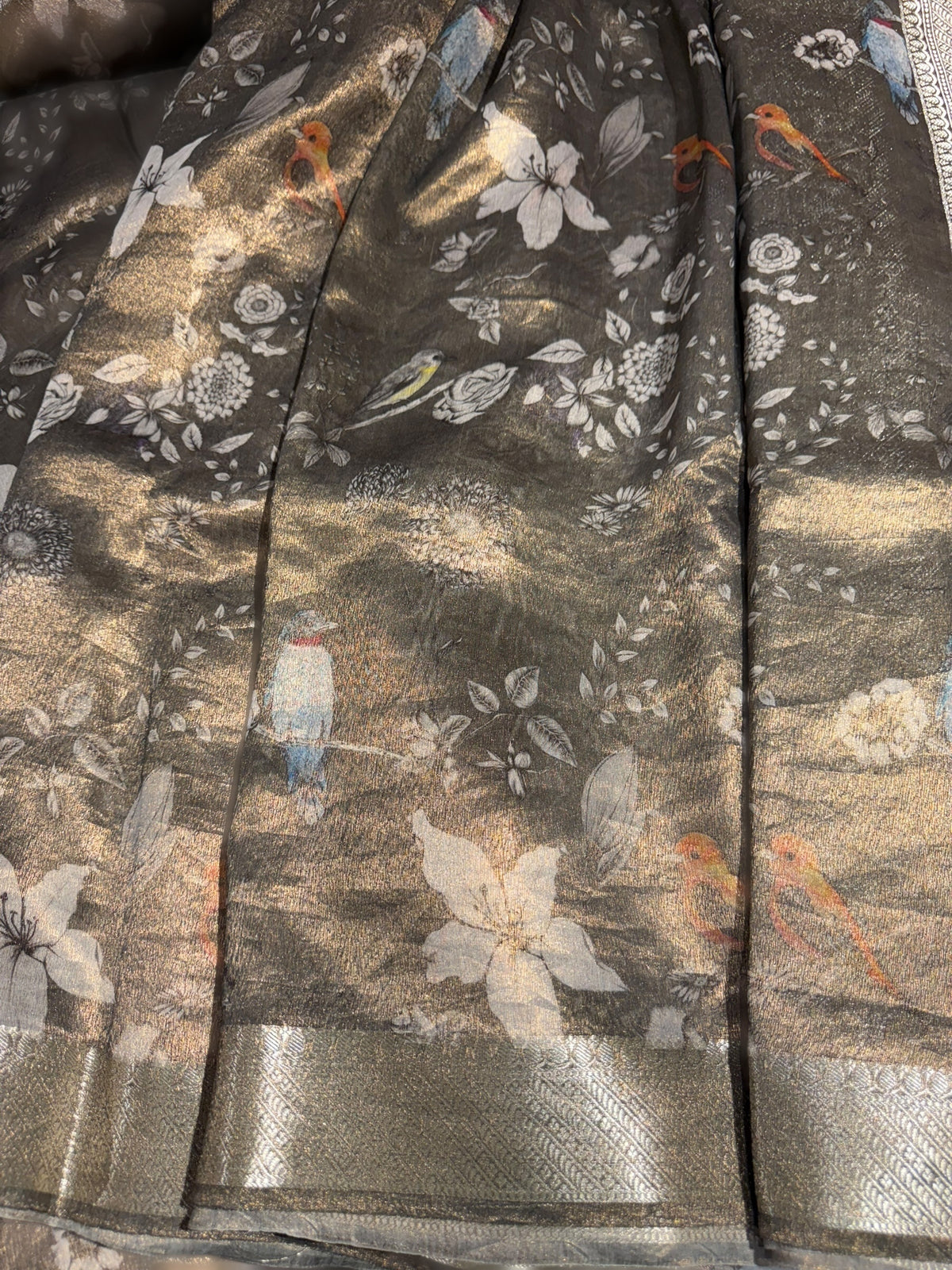 Dark Olive/ Deep mehendi Green Printed Banarasi Cotton Tissue