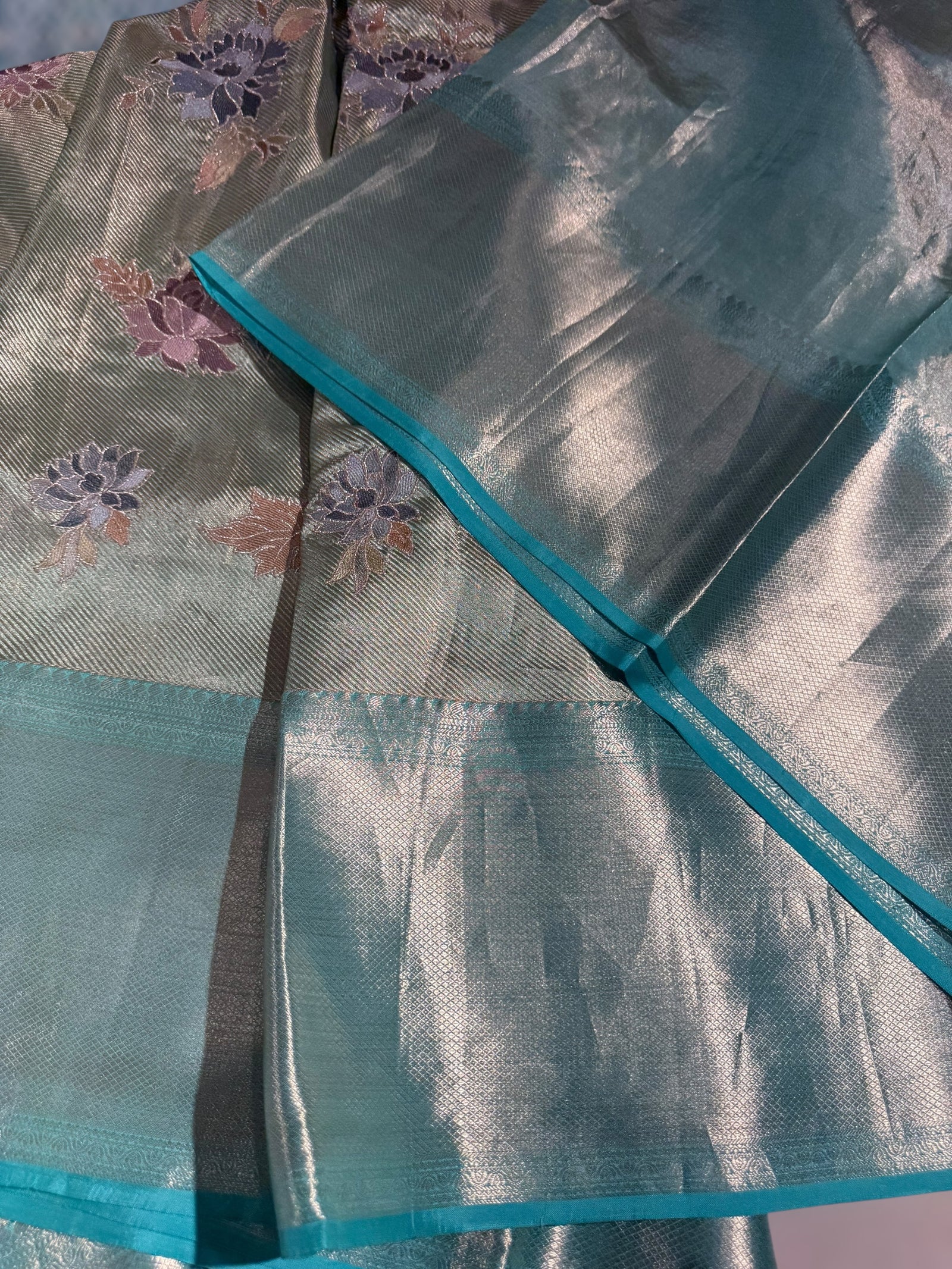 Mint Blue Designer Kanchi Saree with allover embroidery