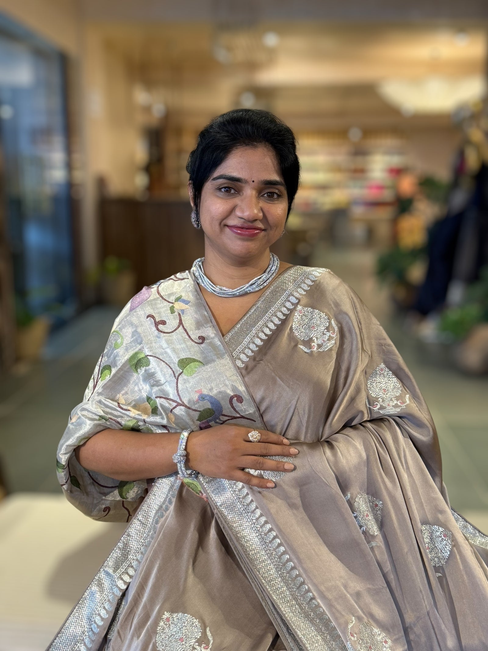 Earthy Tone Satin Saree with Embroidery.