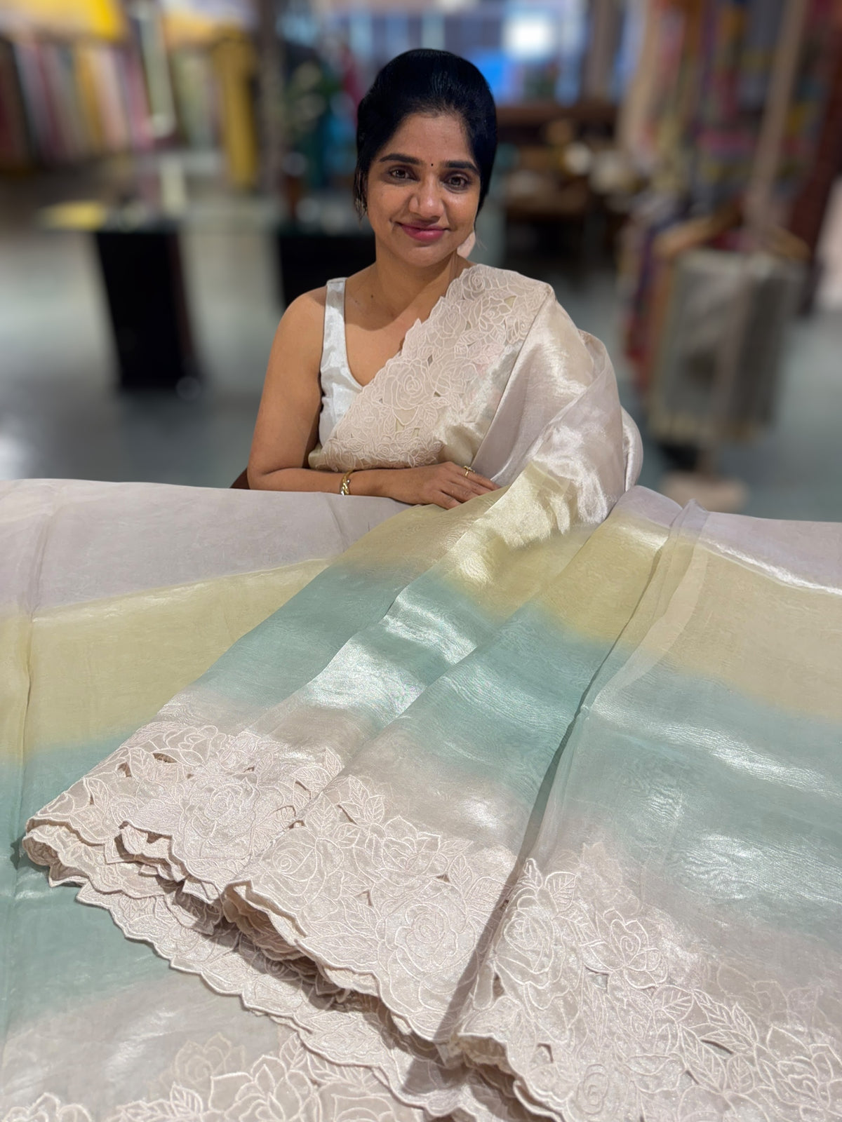 Ombre Dyed  Banarasi Tissue With Rose Cutwork embroidered Border