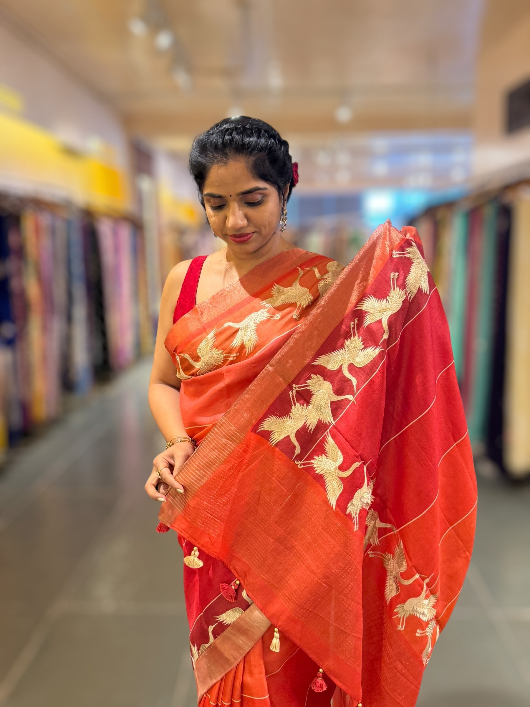 Tussar Rangkaat Saree With Crane Bird  Embroidered Border
