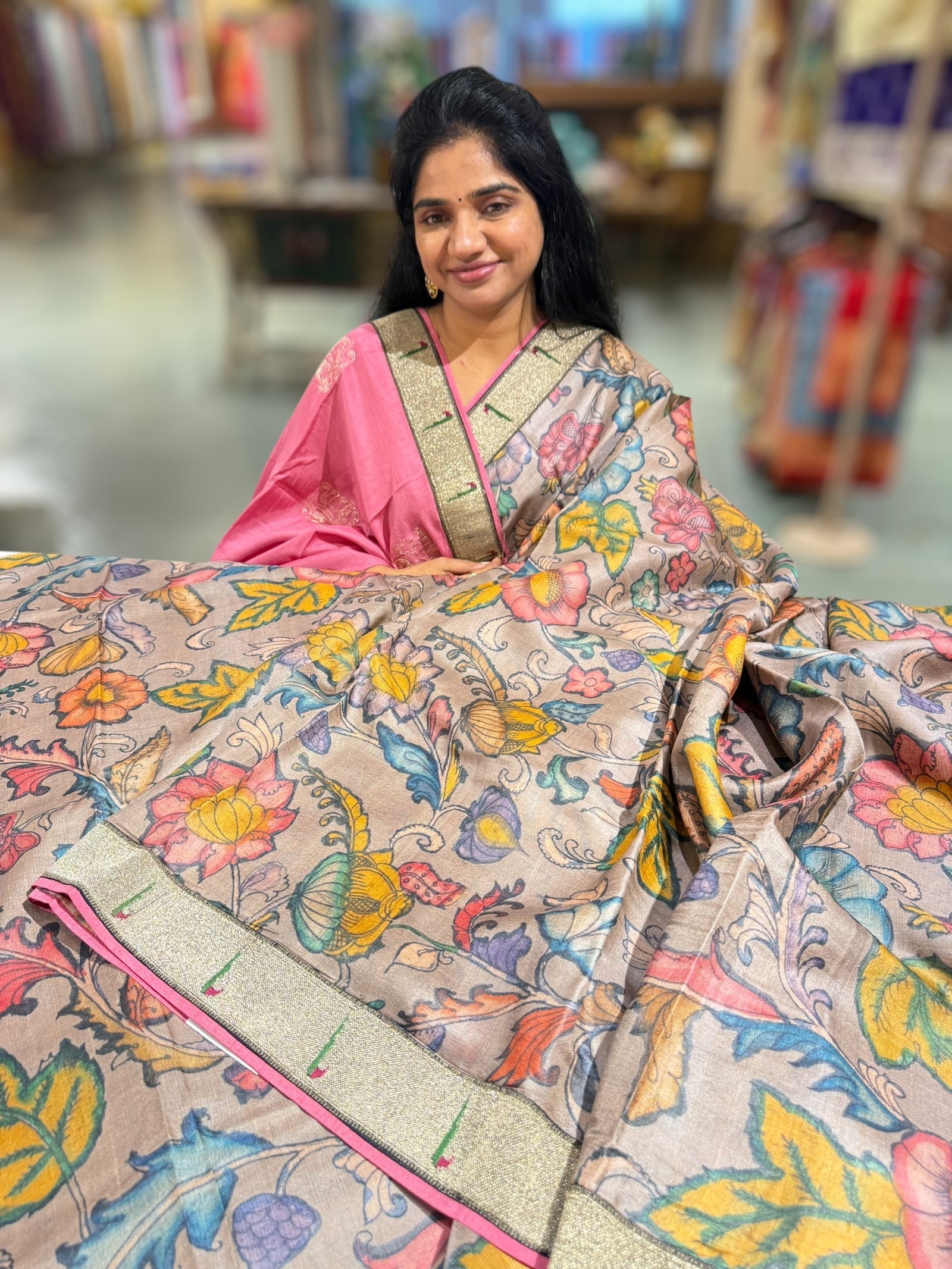 Pure Handloom Tussar kalamkari Saree with pythani single muniya borders