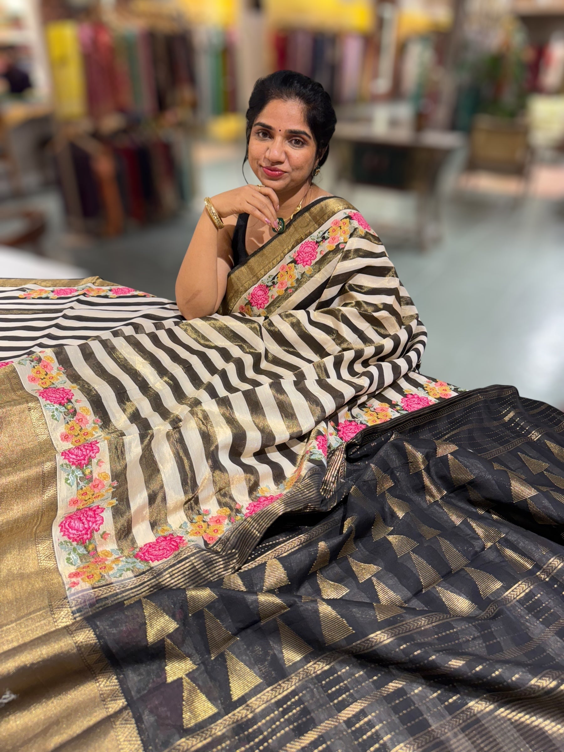 Chanderi Tissue Saree with petite point emb