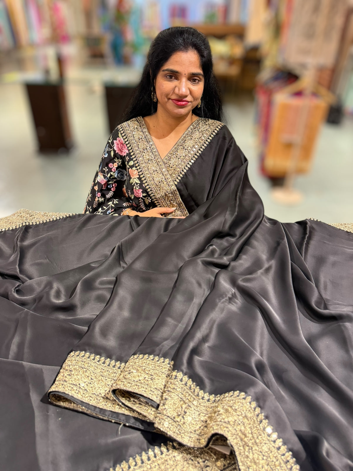 Black Pure Satin Saree with Sabhyasachi Borders