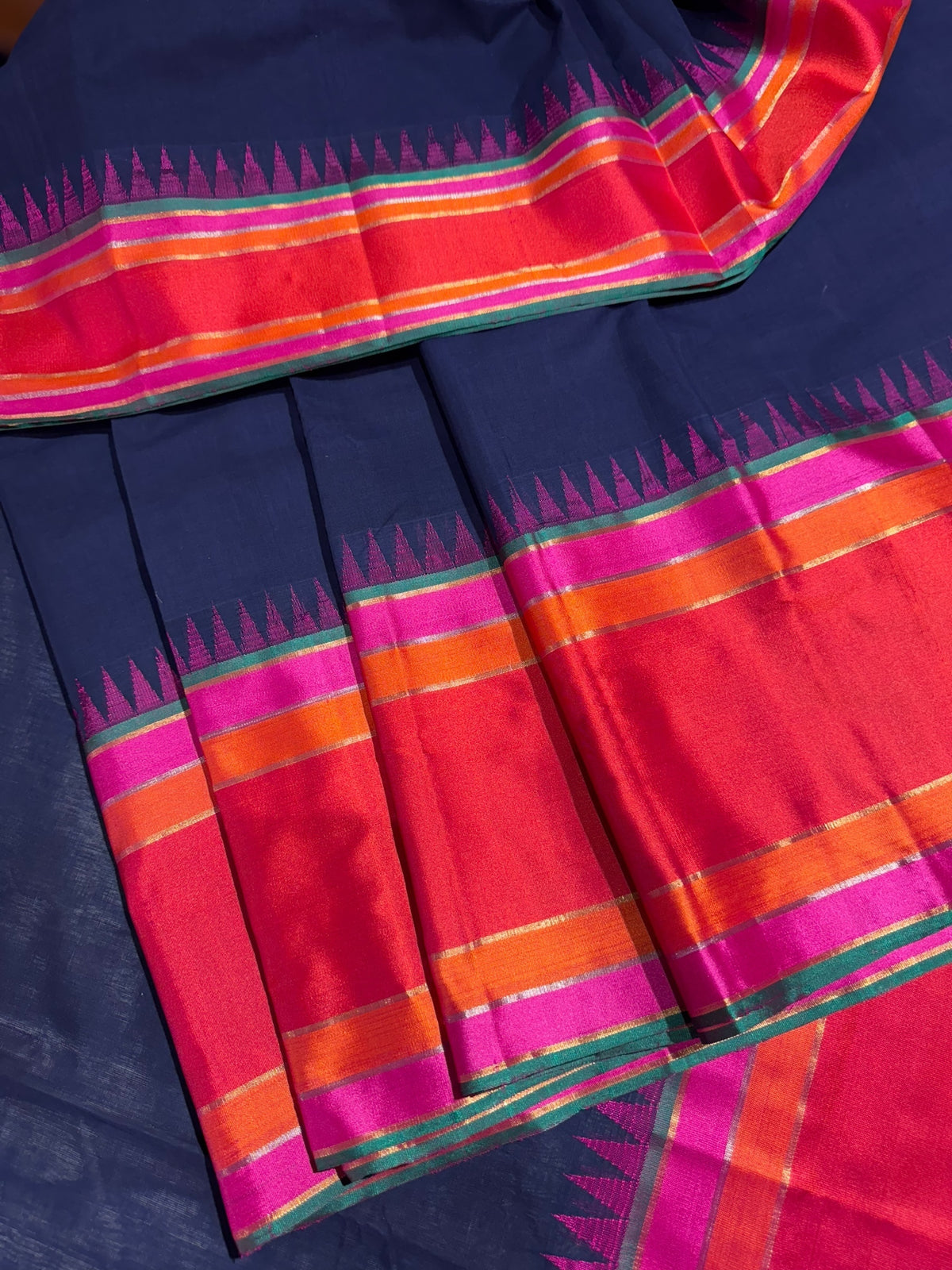 Midnight Blue Ponduru Khadi Saree in 80’s Count with Kanchi Style borders