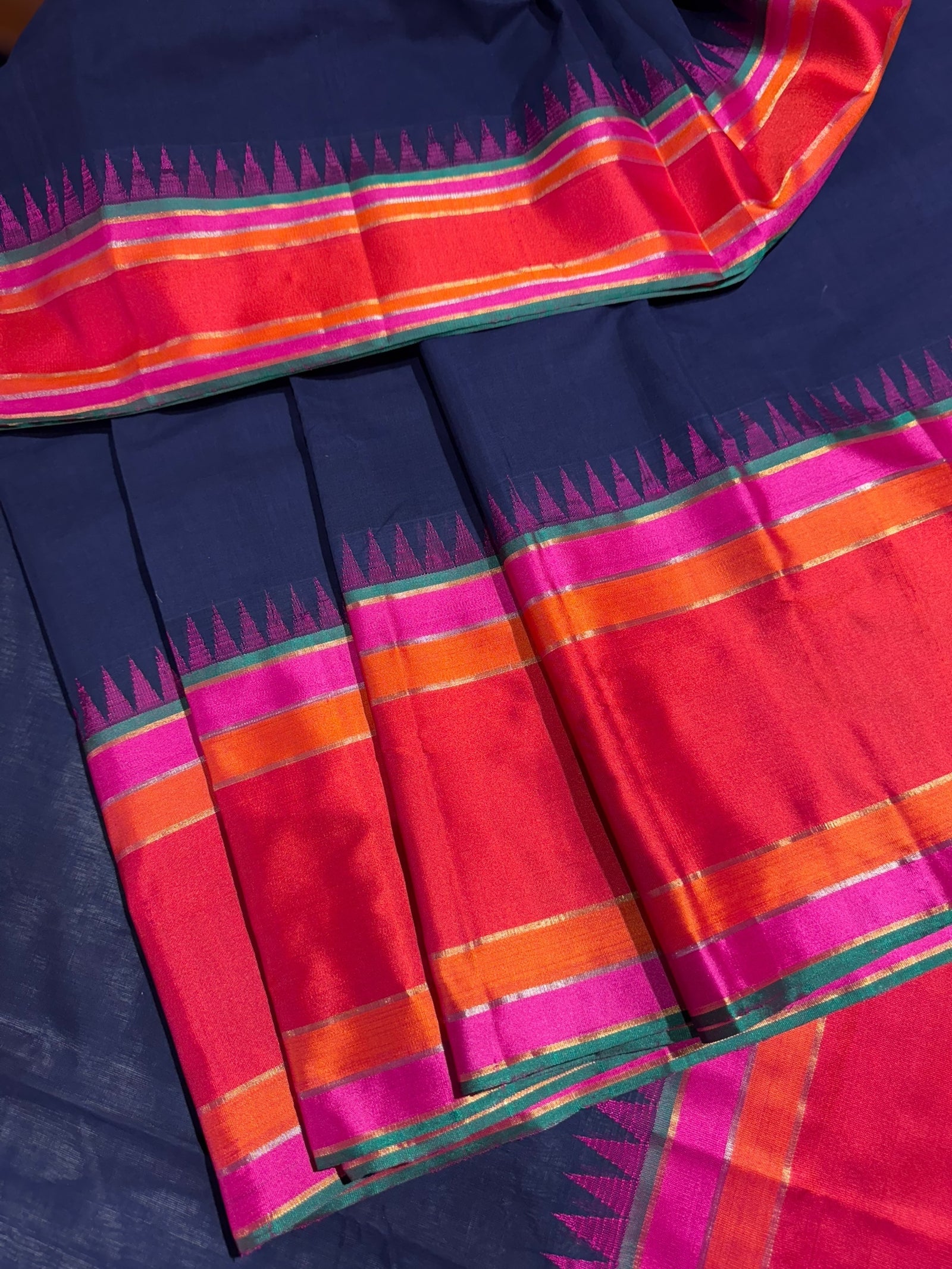 Midnight Blue Ponduru Khadi Saree in 80’s Count with Kanchi Style borders