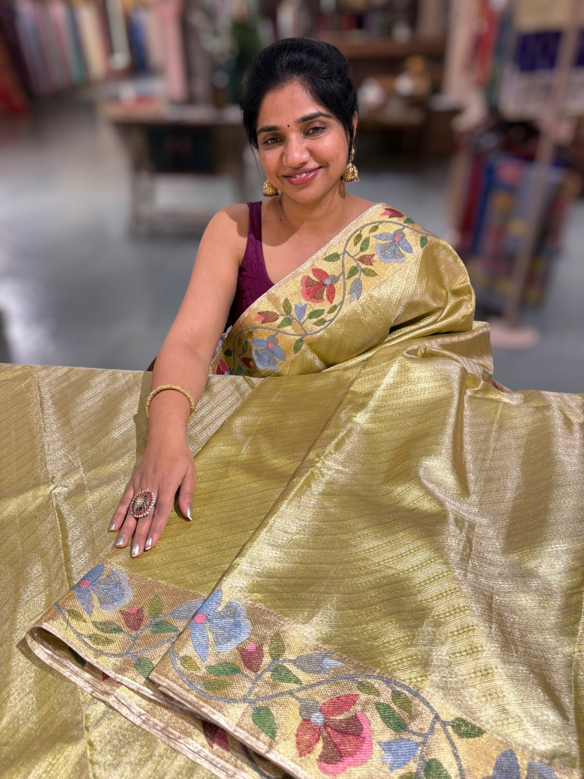 Apple Green Kanchi Tissue Brocade Saree With jamdani inspired embroidery.