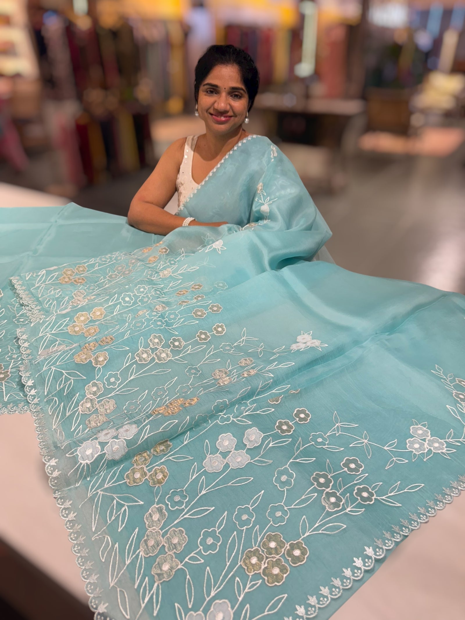 Seablue Organza Saree With Tissue Applique Work