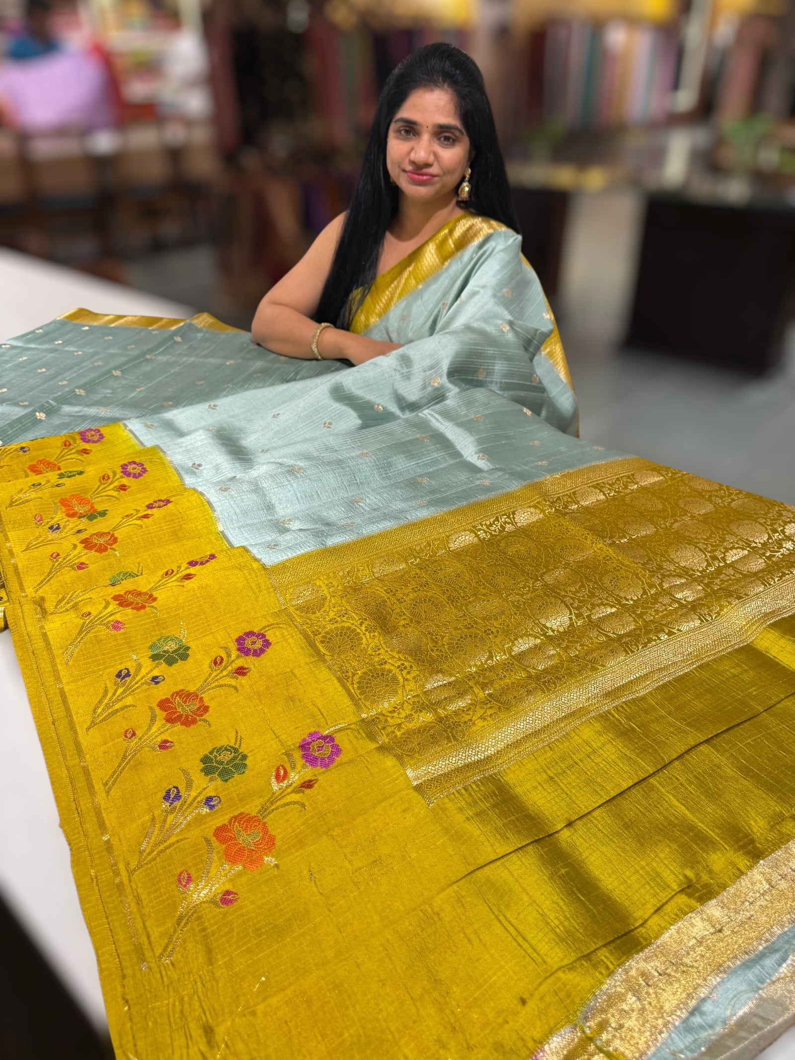 Powder Blue & yellow Poona silk saree