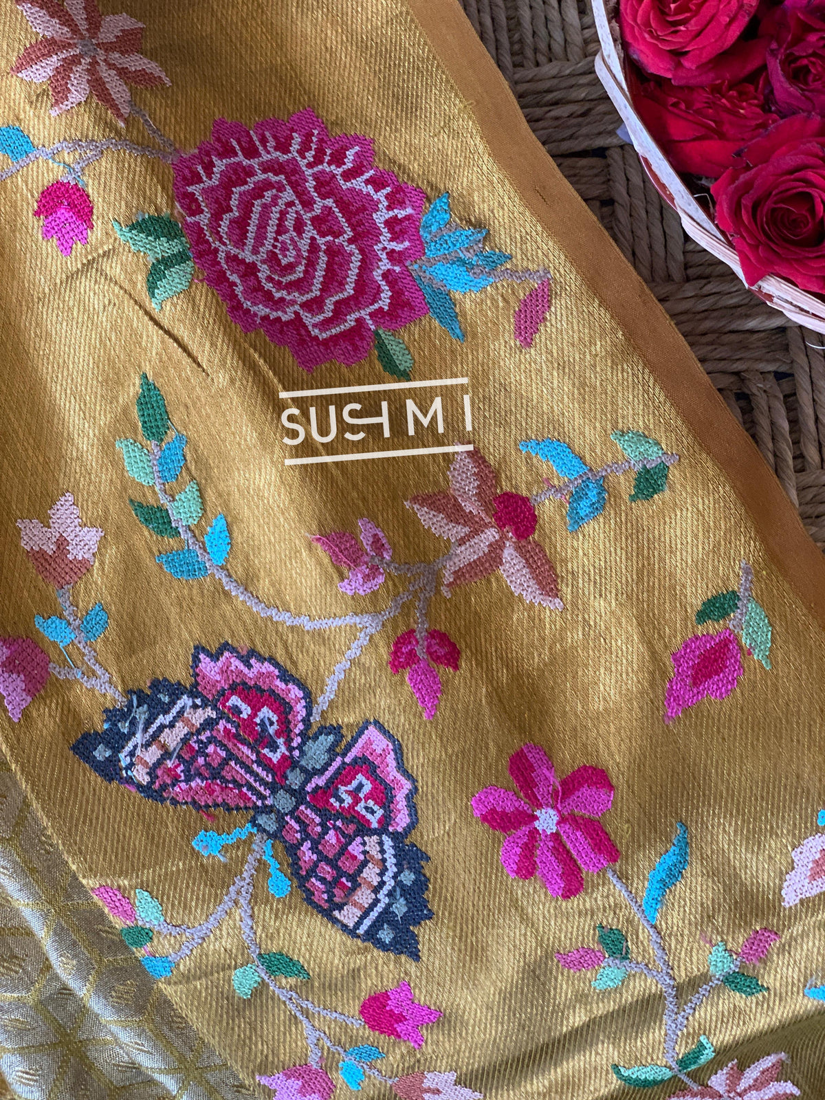 Gold Kanjeevaram Tissue Sareewith petite point embroidery : S62F085