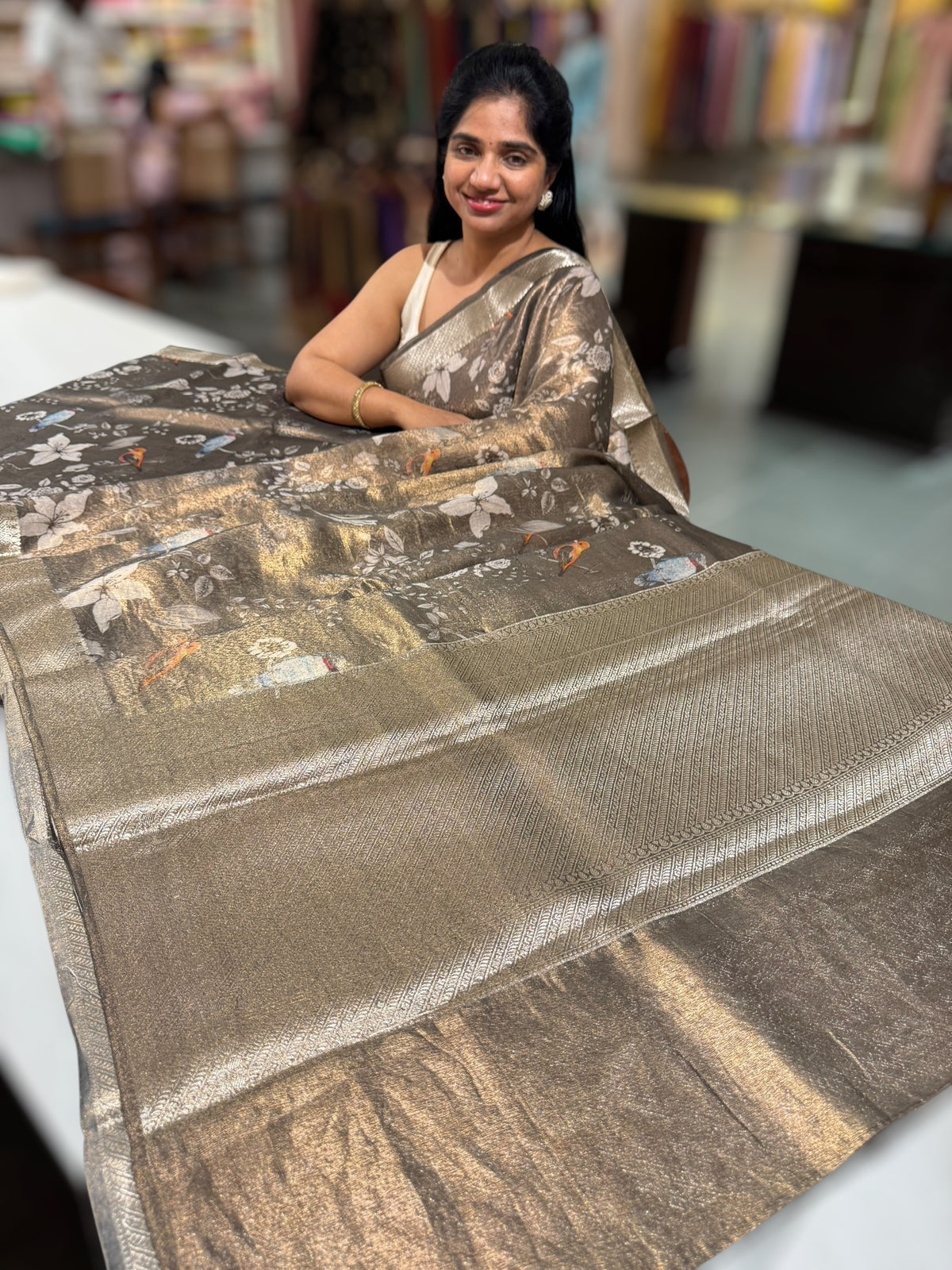 Dark Olive/ Deep mehendi Green Printed Banarasi Cotton Tissue