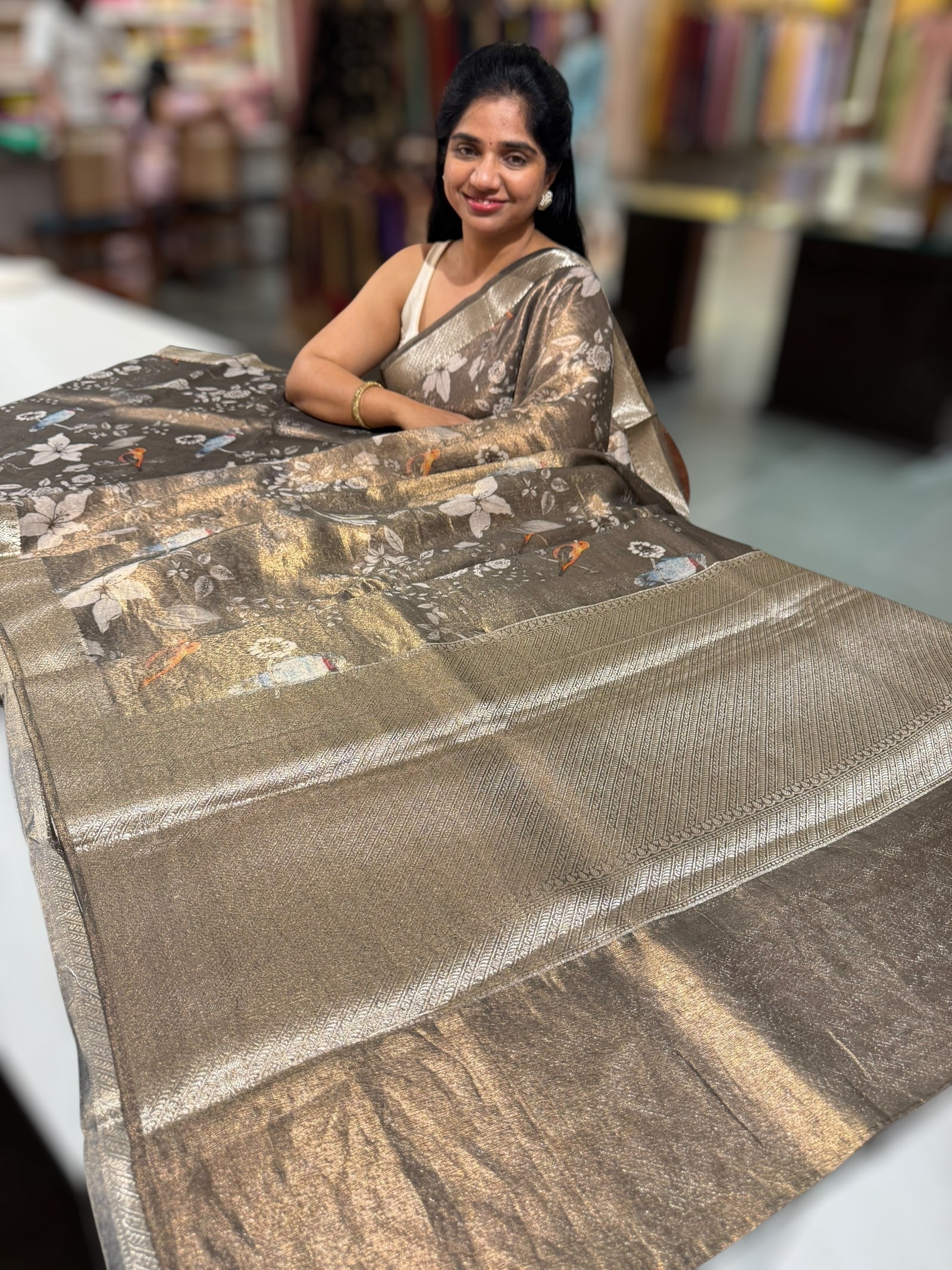 Dark Olive/ Deep mehendi Green Printed Banarasi Cotton Tissue