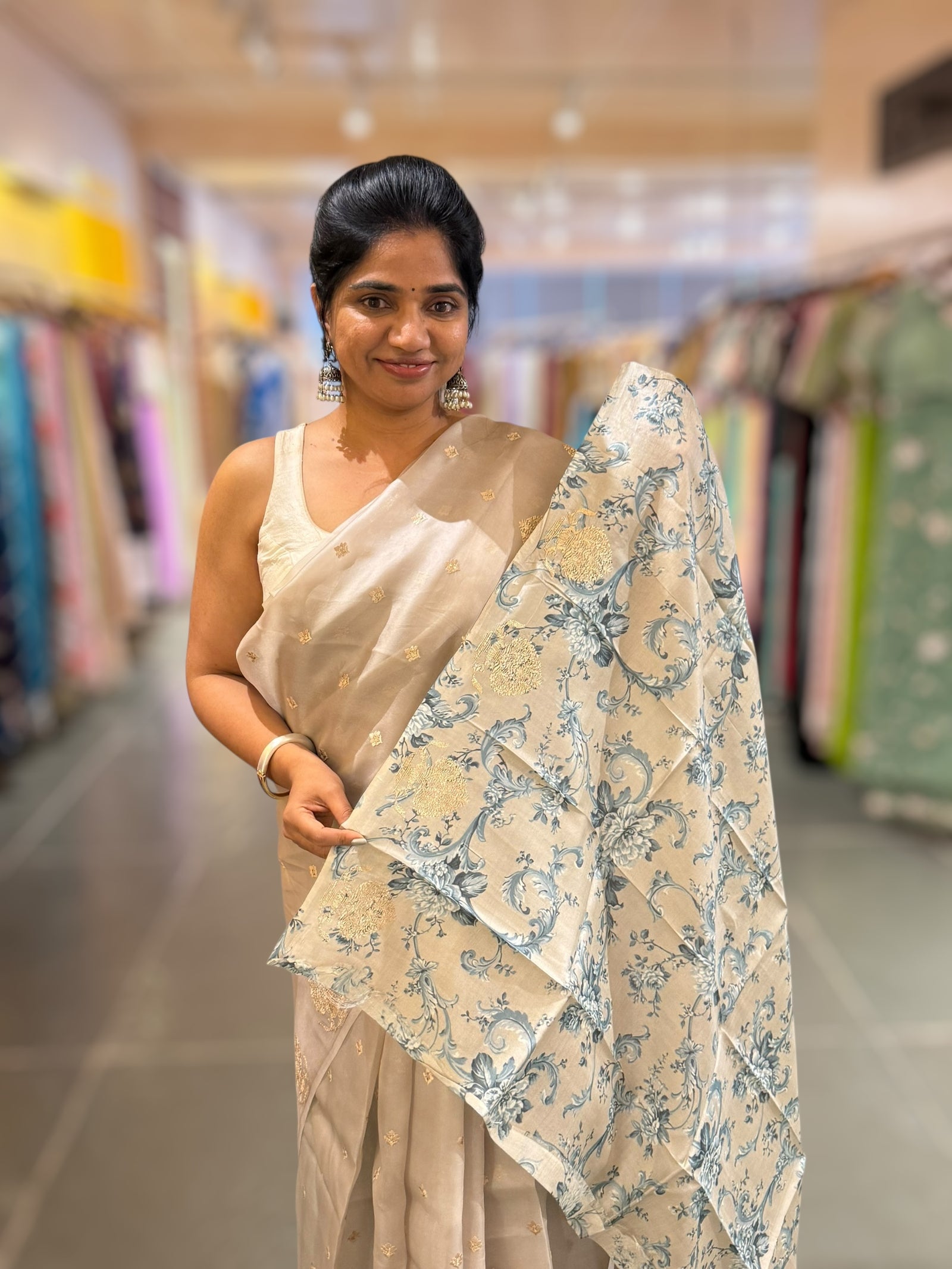 Silverish Tone Pure Organza Saree With Embroidered Motifs & Tussar Printed Blouse