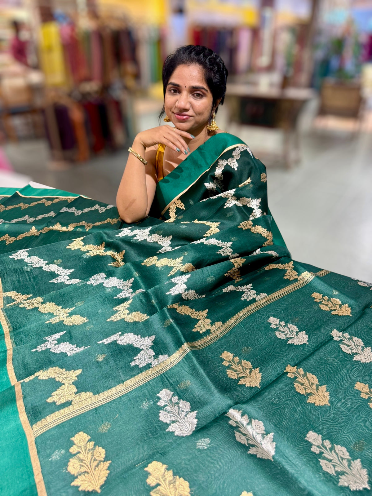Bottle Green Kora Banarasi Saree in half & half style