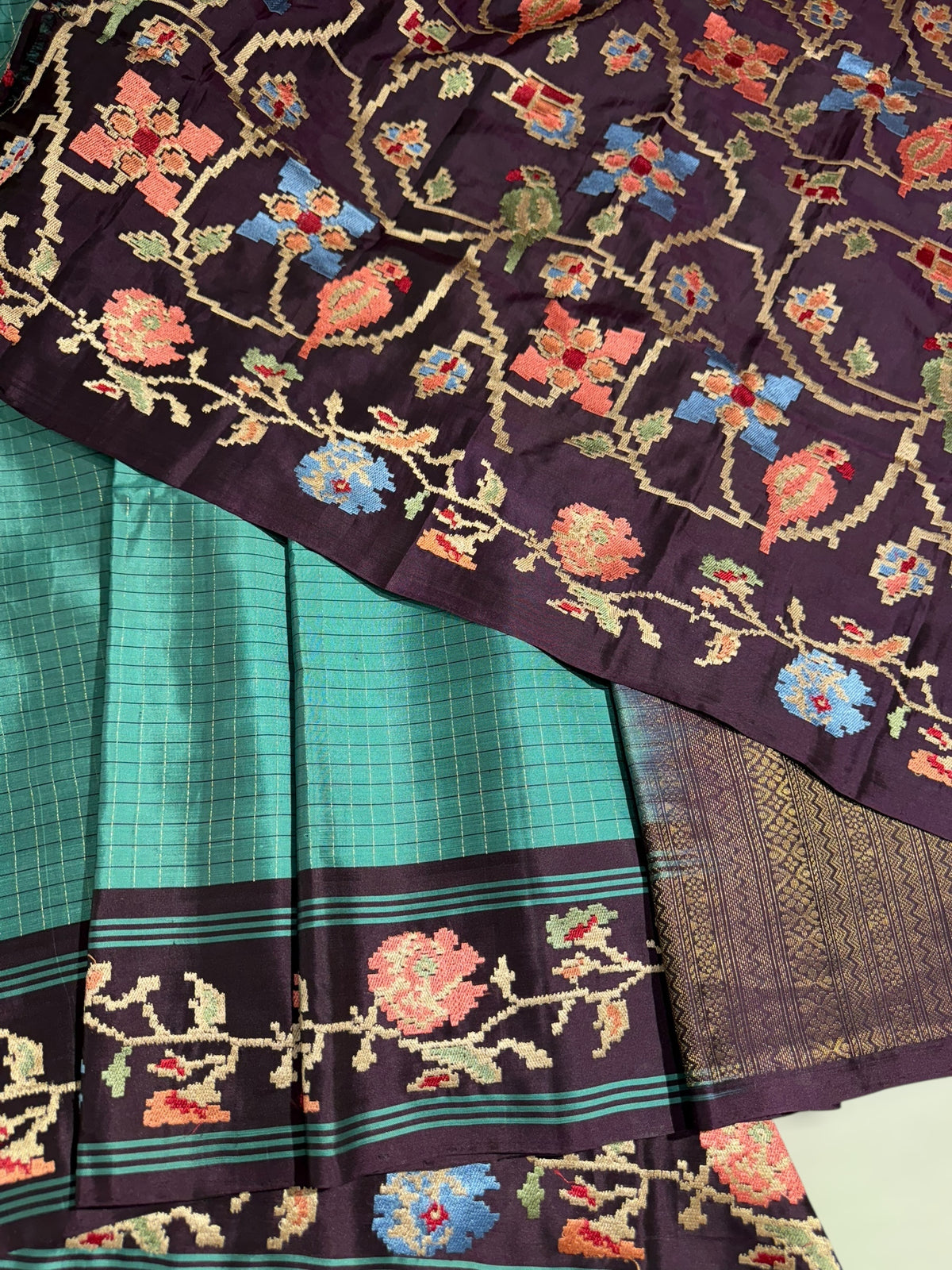 Teal & Grape Wine Combo Vintage Kanchi soft silk saree with embroidery