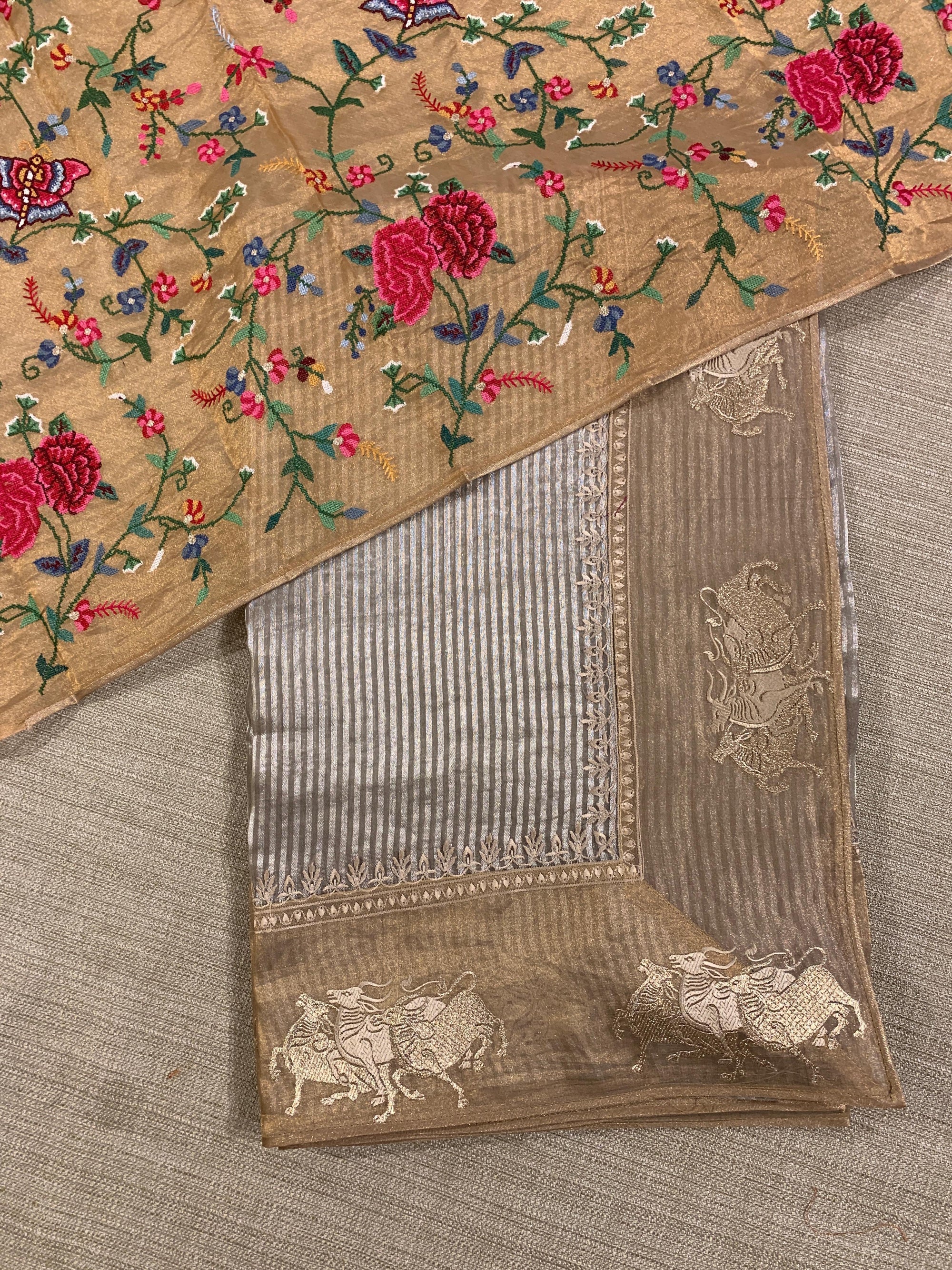 Earthy Grey Kora tissue stripes Saree with Nandi embroidered tissue border