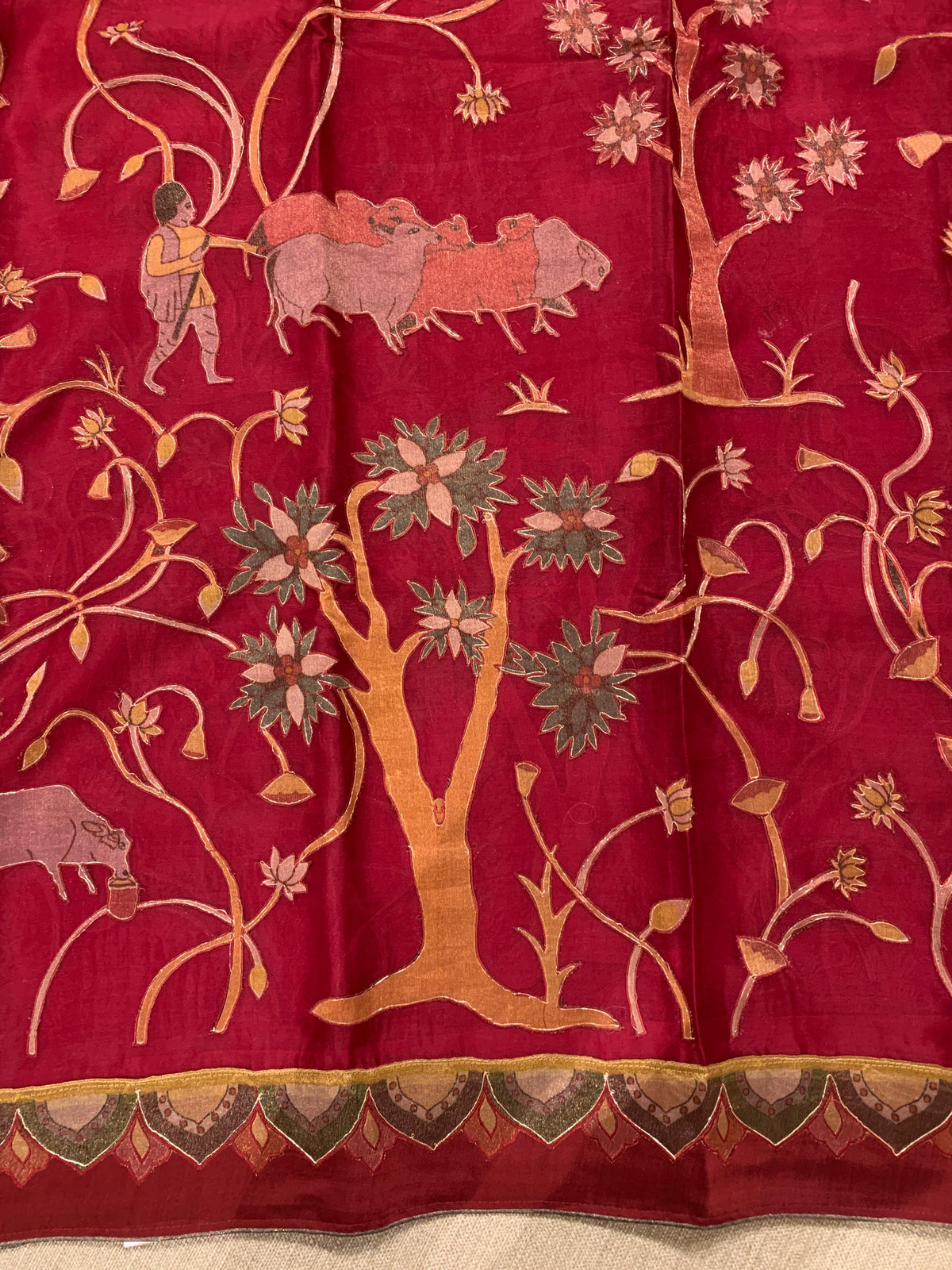 Dark Red Designer Organza Saree with Stunning Tissue Applique work Saree with Village theme