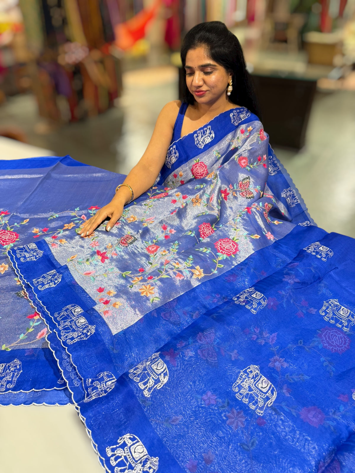 Electric Blue Premium Handloom Designer Tissue saree with exquisite embroidery