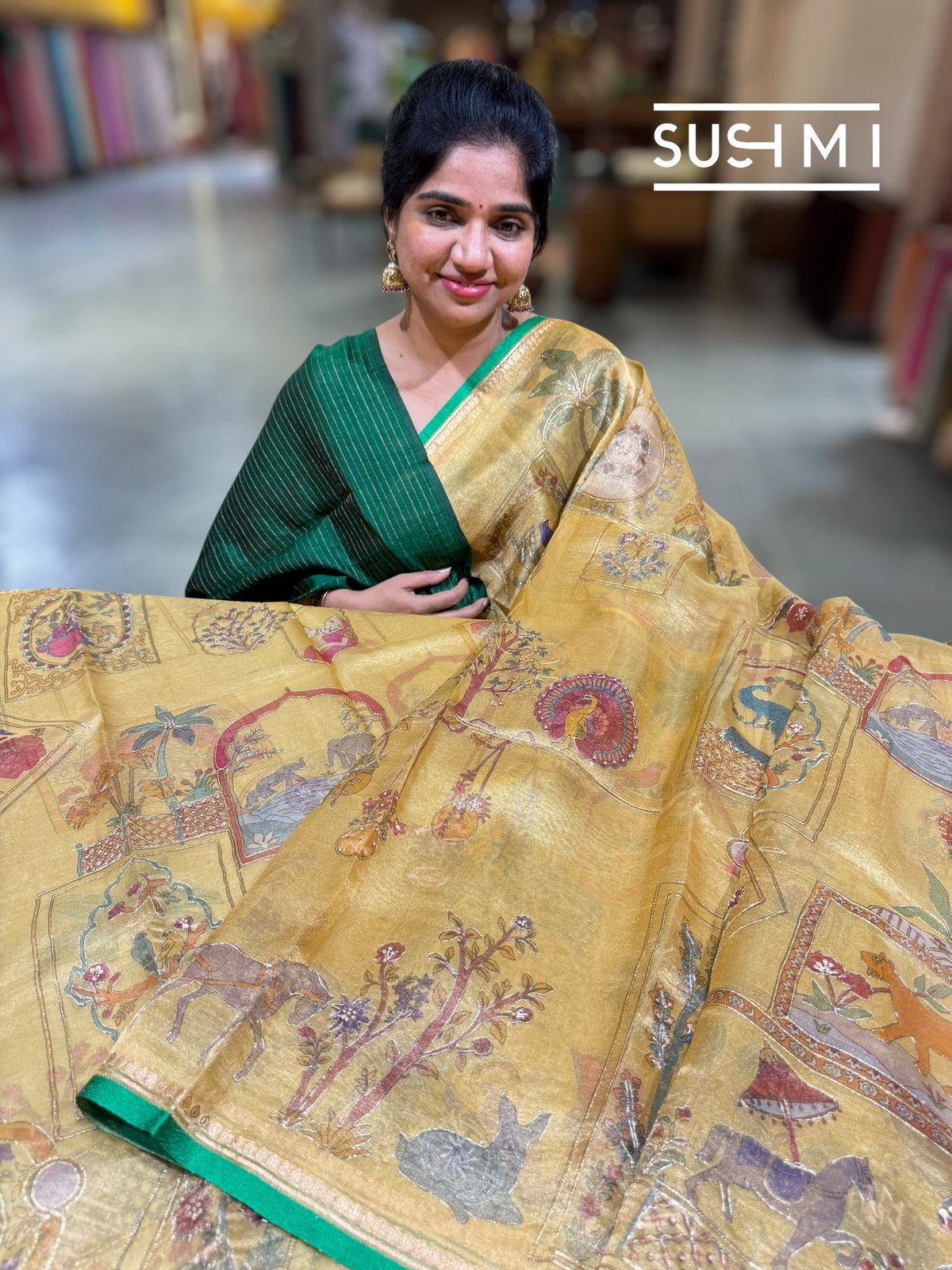 Golden Yellow Banarasi printed Tissue saree with handwork D62F056