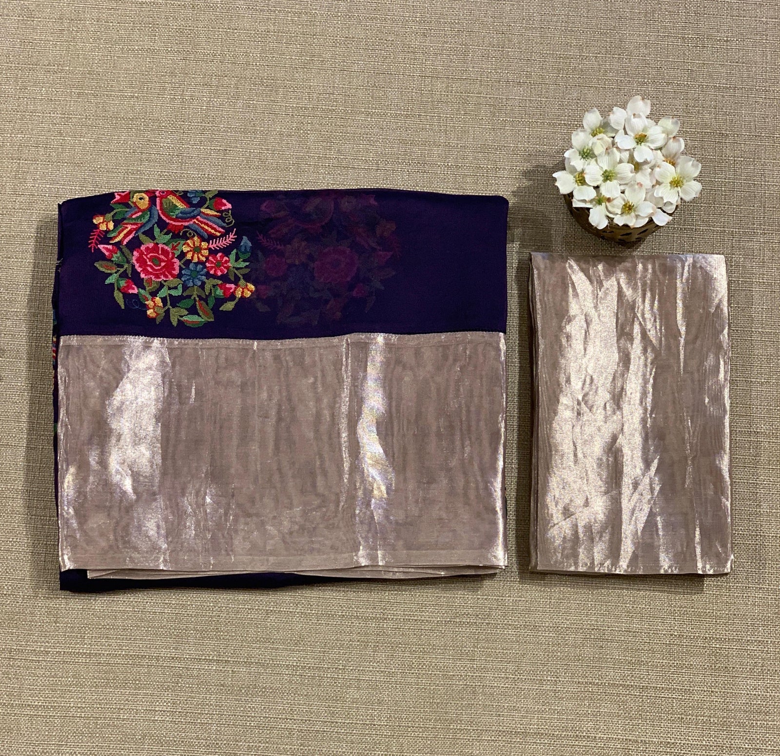 Violet Organza Saree with pure Tissue Border