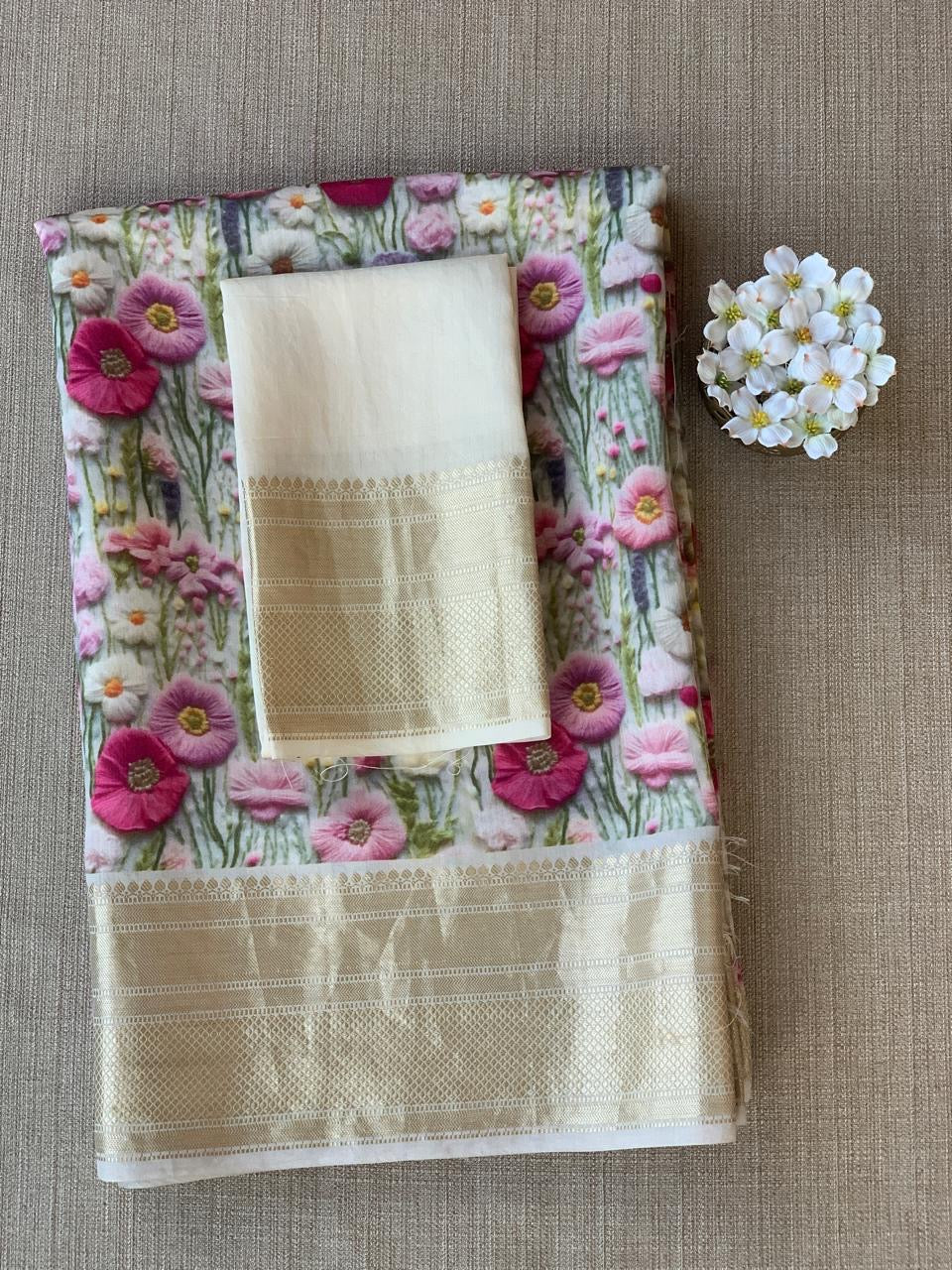 Ivory Pure Handloom Chiniya Silk Saree with stunning Floral Print and zari borders