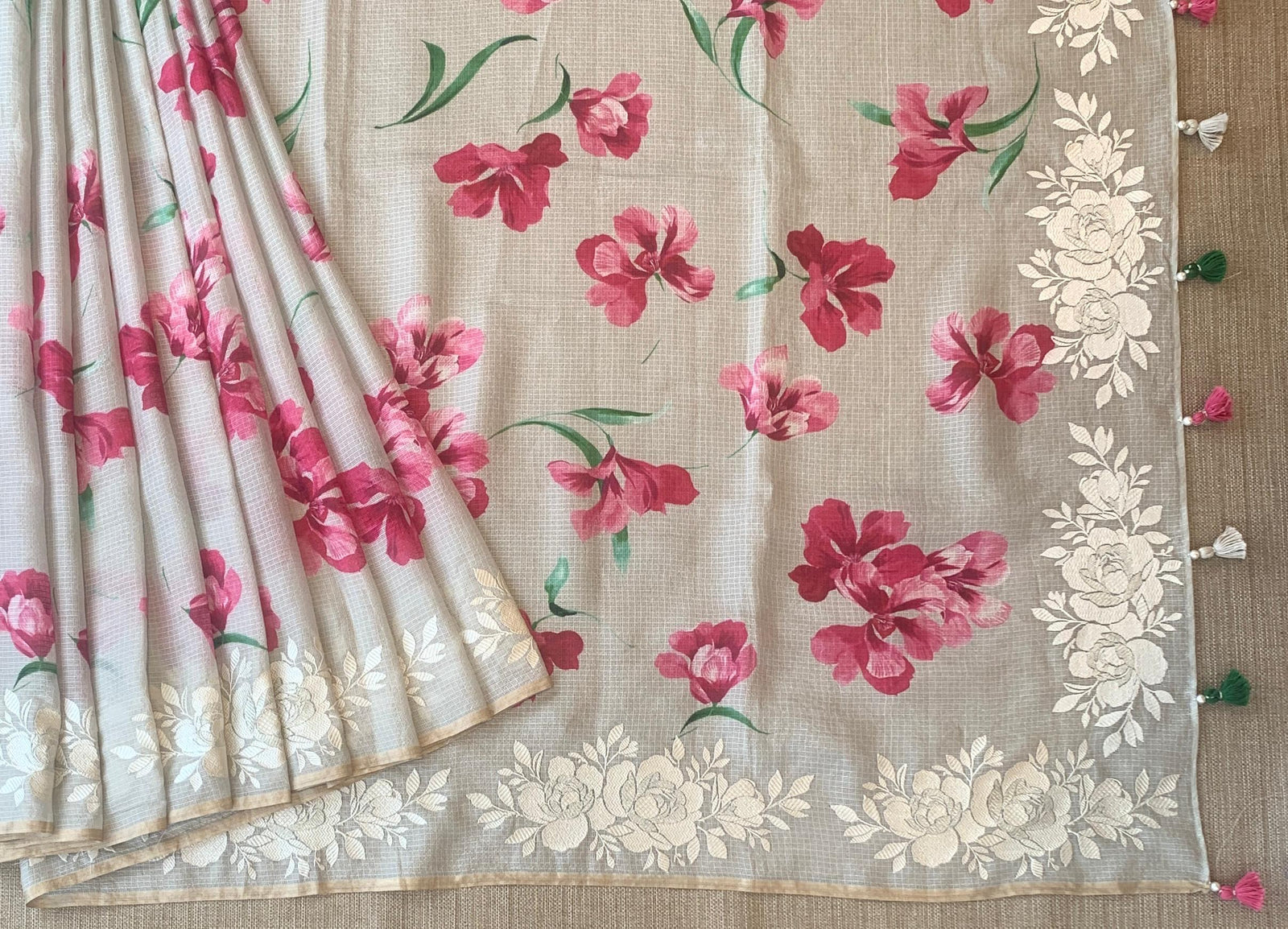 Dusty Grey Designer printed Silk kota saree with floral embroidered border