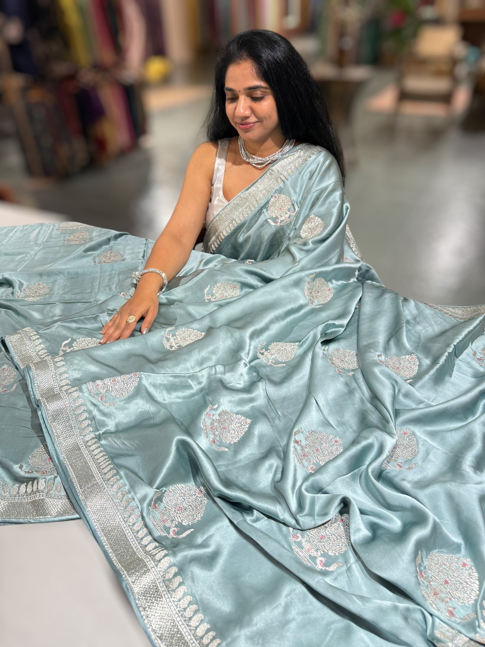 Powder Blue Pure Satin Saree with Embroidery.