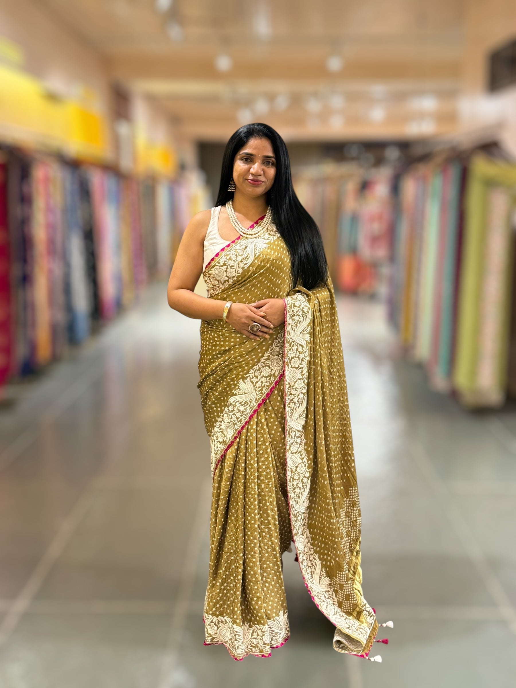 Mehendi Green Pure Gajji Silk Bandhej Saree With Parsi Gara Embroidered Border.