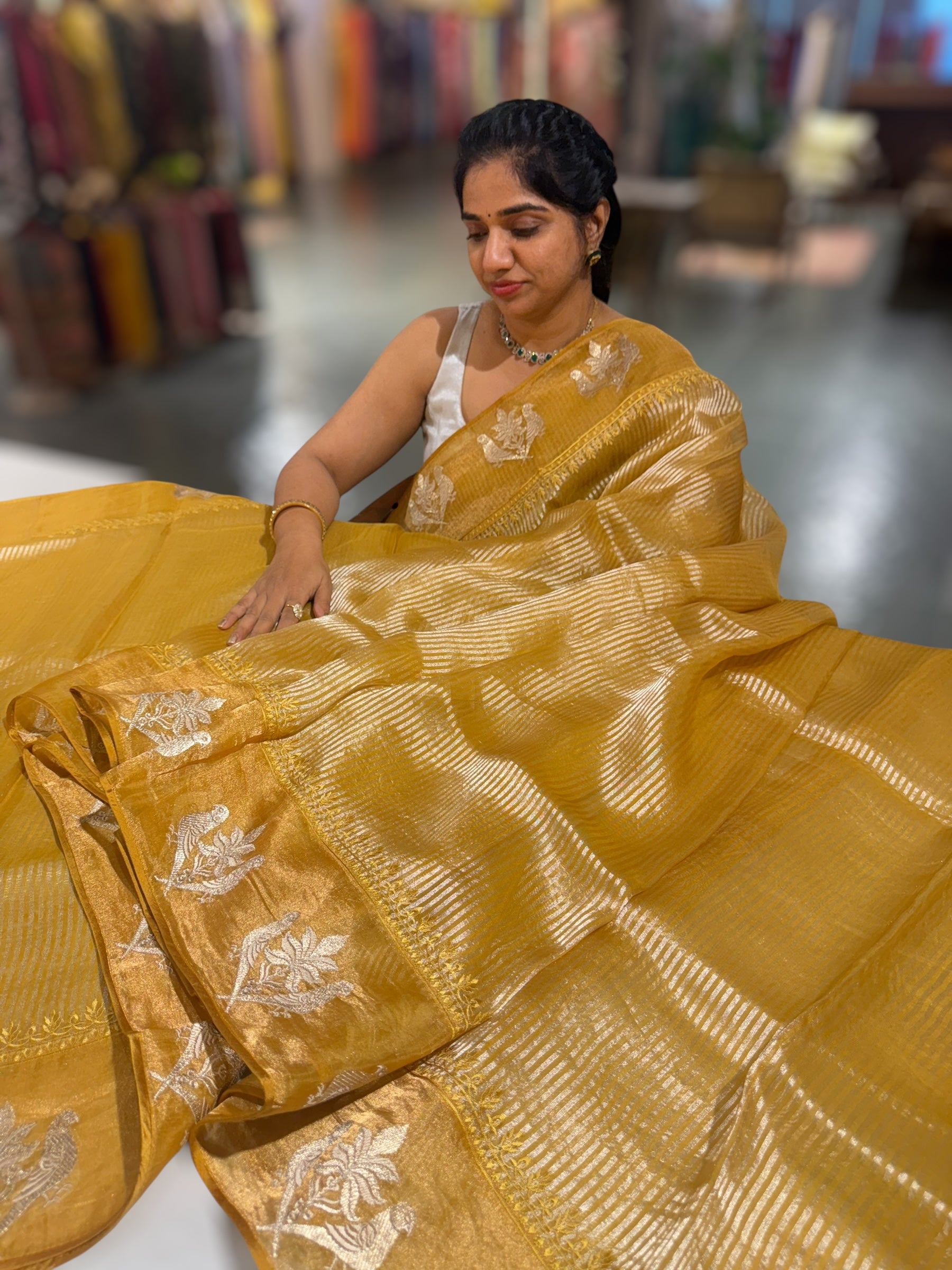 Mustard Kora tissue silver stripes Saree with double parrot  embroidered tissue border
