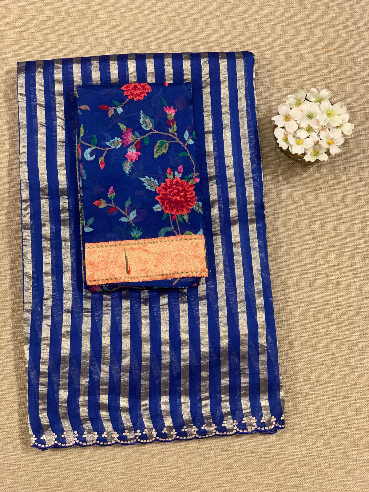 Electric Blue Mul tissue stripes saree with fusion blouse : D62139