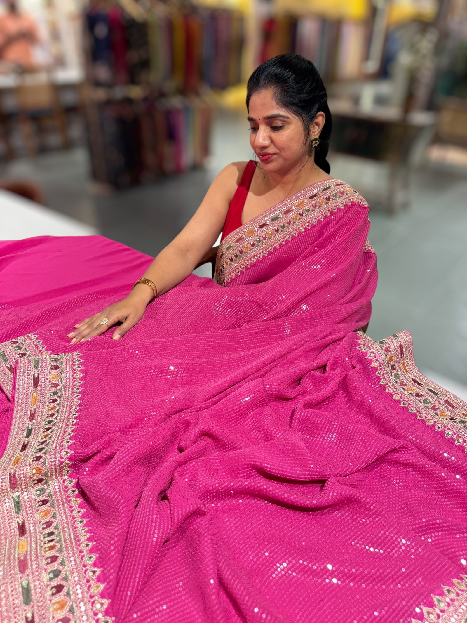 Pink Georgette sequnce Saree with Sabyasachi borders