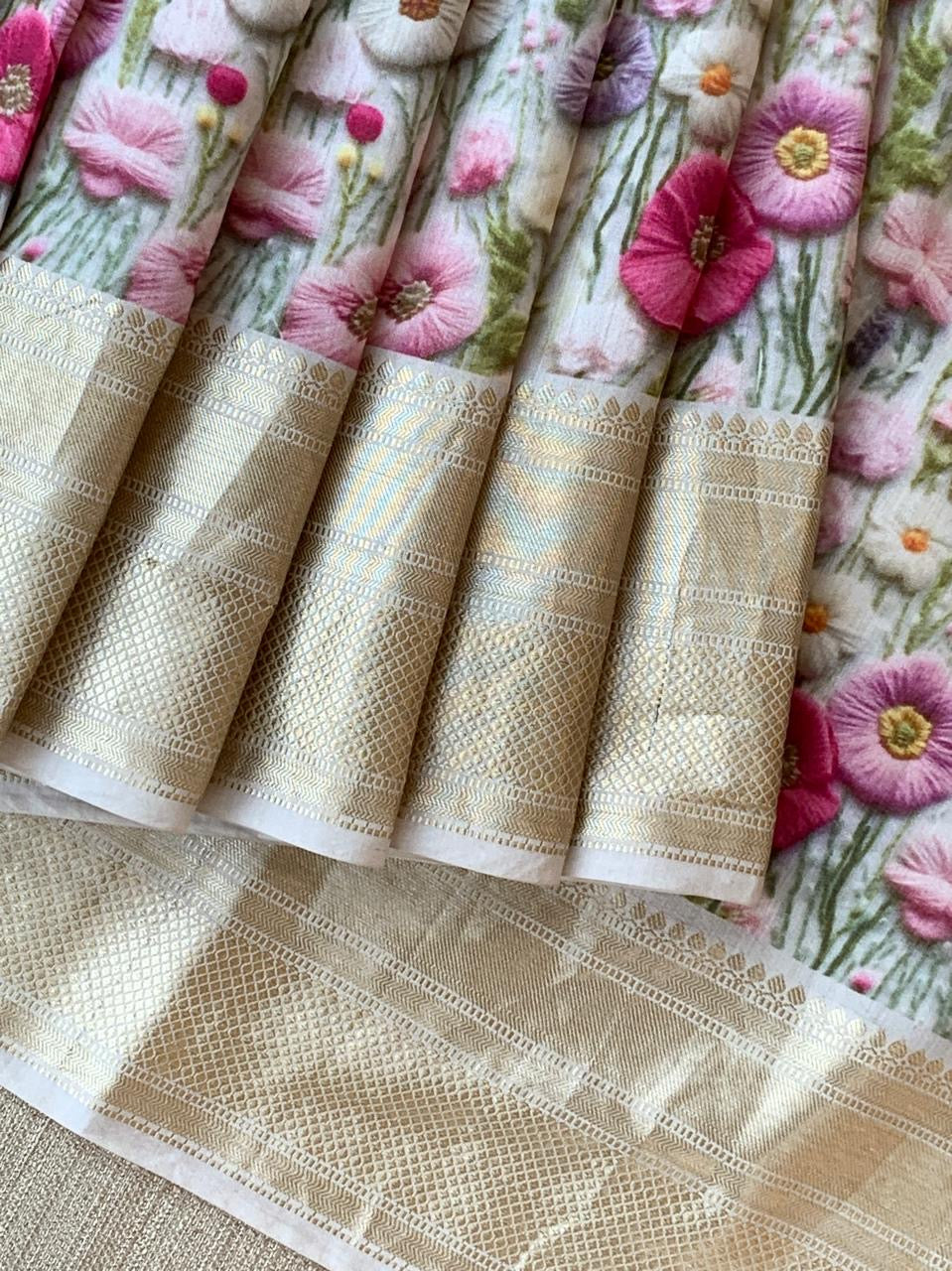 Banarasi Chiniya Silk Sarees with beautiful embroidery style 3D floral Print