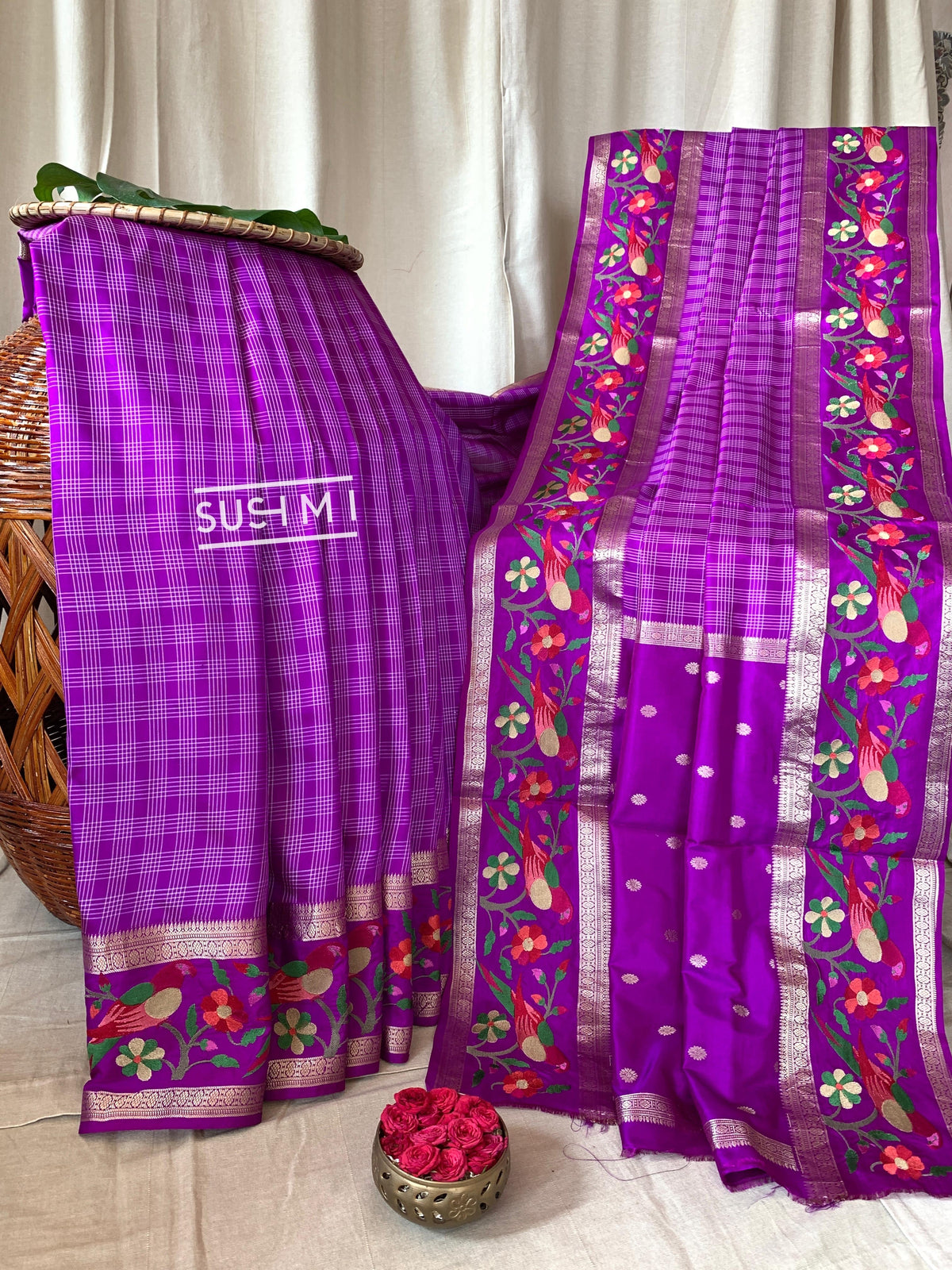 Majenta Vintage checks Kanjeevaram soft silk saree with embroidery D62F041