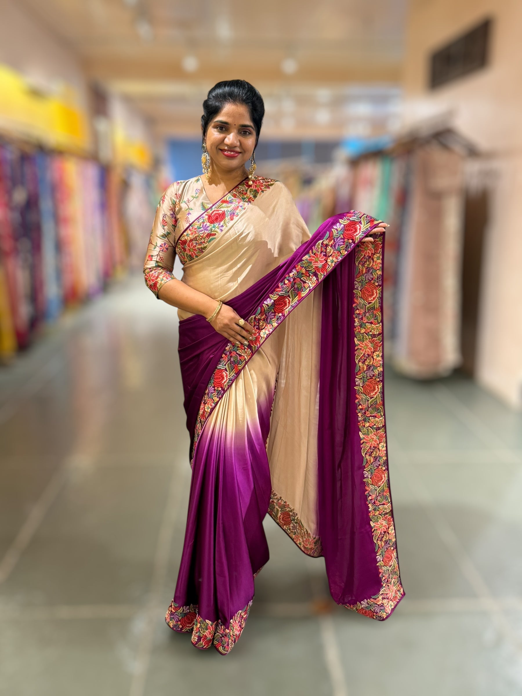 Pure Satin Ombre Dyed Saree with Petite Point Embroidered Border and blouse.