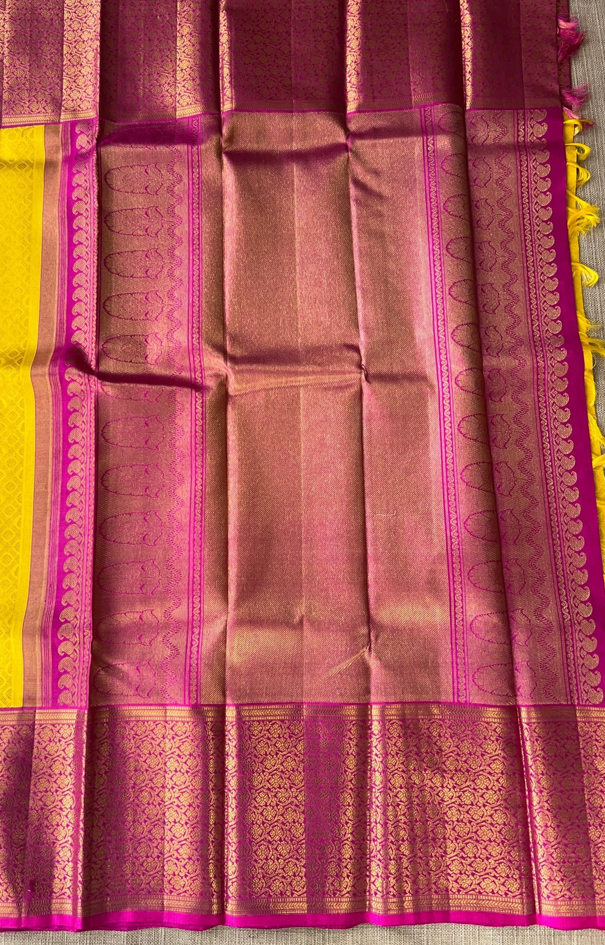 Yellow and Rani Pink Combo kanchi brocade designer kuttu border saree