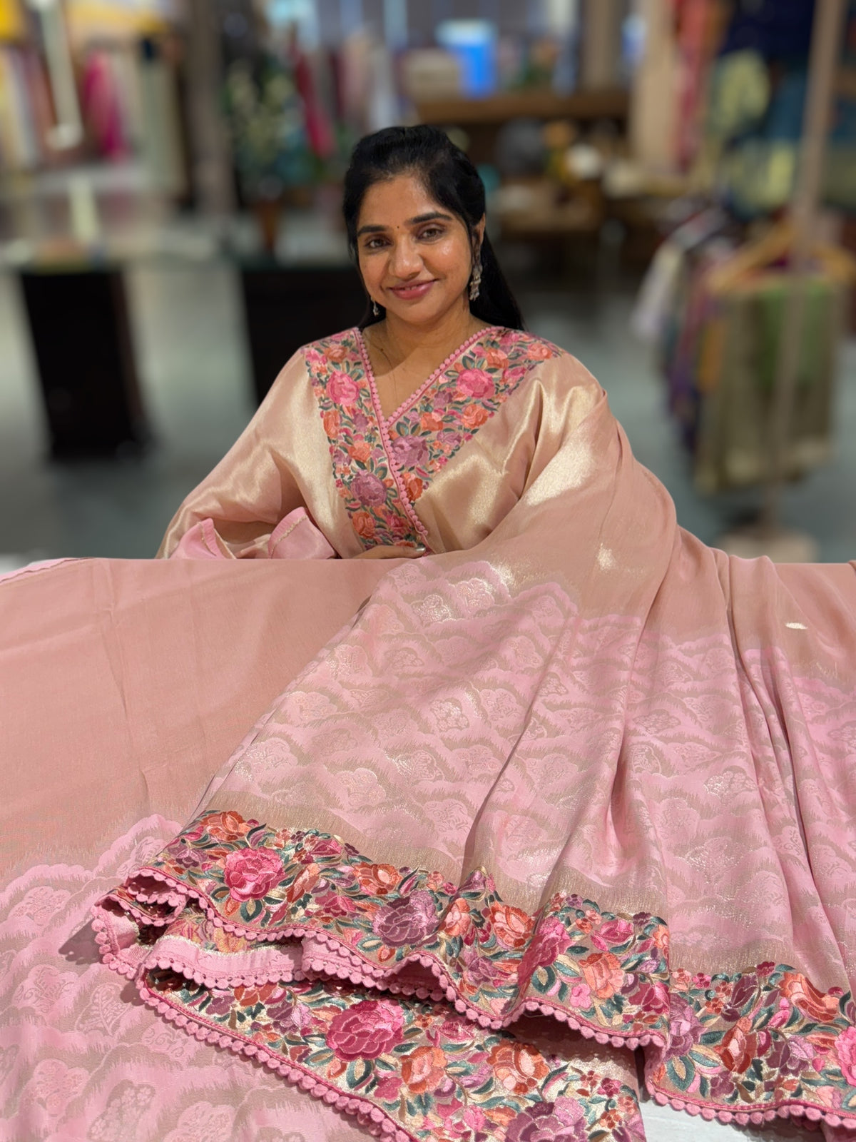 Baby Pink Banarasi Brocade tissue saree with tonchui style weaving and parsi gara embroidered border
