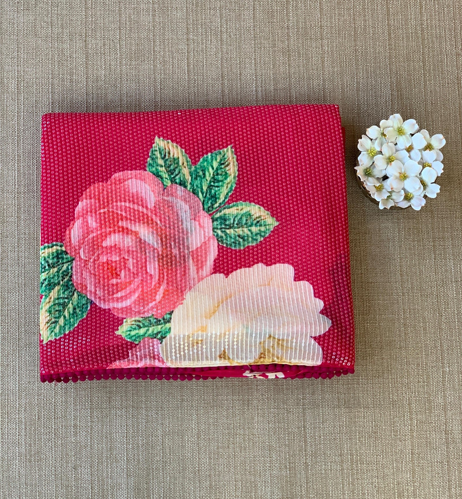 Reddish Pink georgette sequence saree with statement floral print